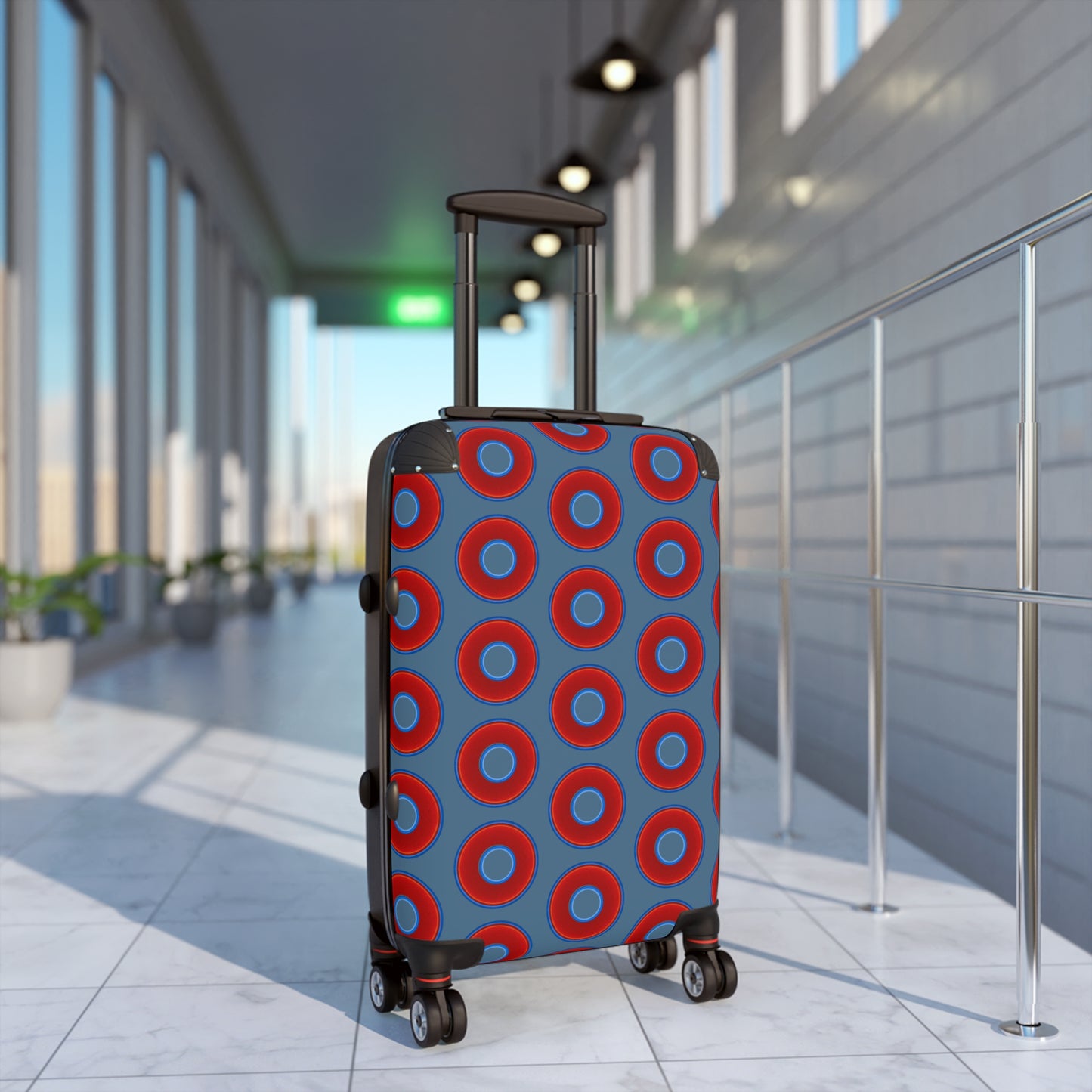 The Very Lumpy Donut Suitcase series - your choice of S, M or L - vivid red donut print w/steel blue background
