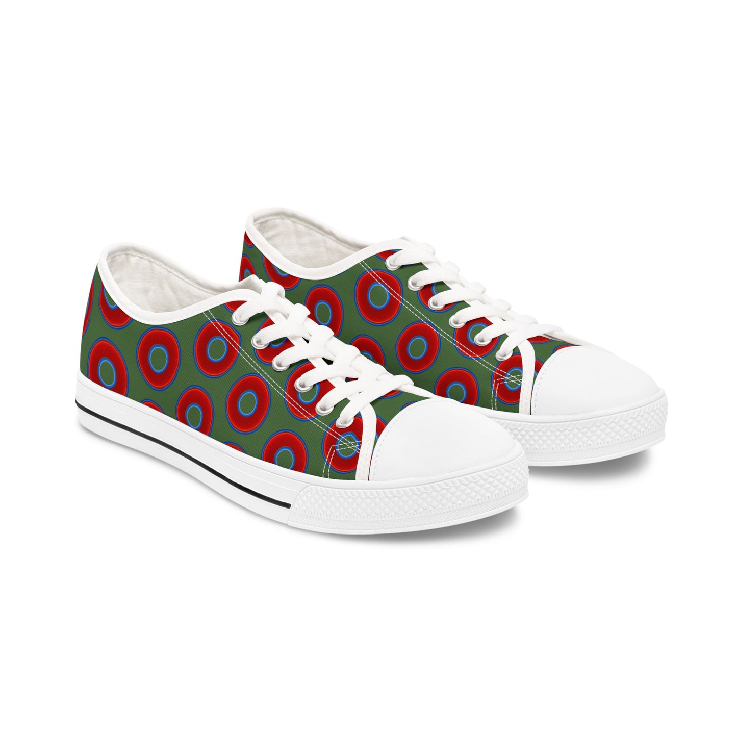 Women's - Low Top Chuck Taylors - large vivid red donut print w/dark green background