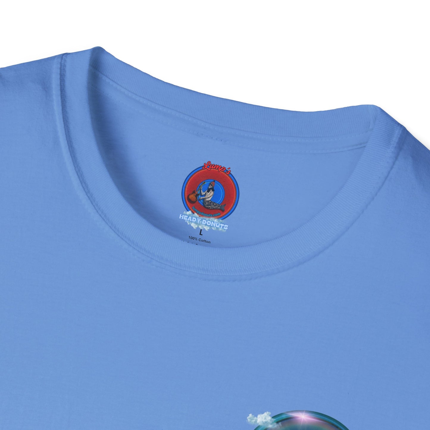 Classic Donut Tee - Unisex Soft-Style - "The Divided Donut" - variant 2 - blue donut  w/hole & sun [*50% to The Divided Sky Foundation]