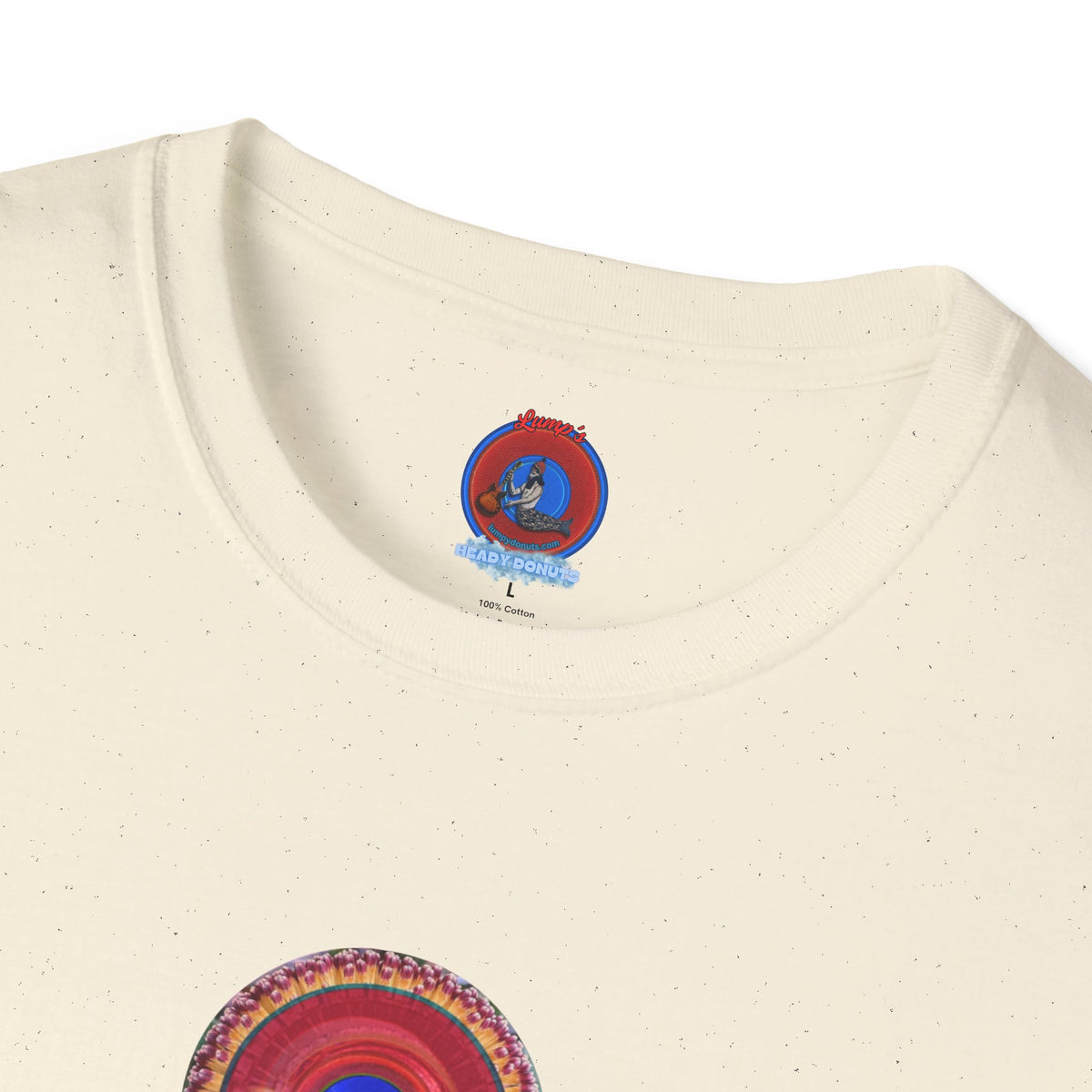 Classic Donut Tee - Unisex Soft-Style - "Smell the Donuts Outside on my Lawn"  " variant 2 - blue donut on red donut/flower