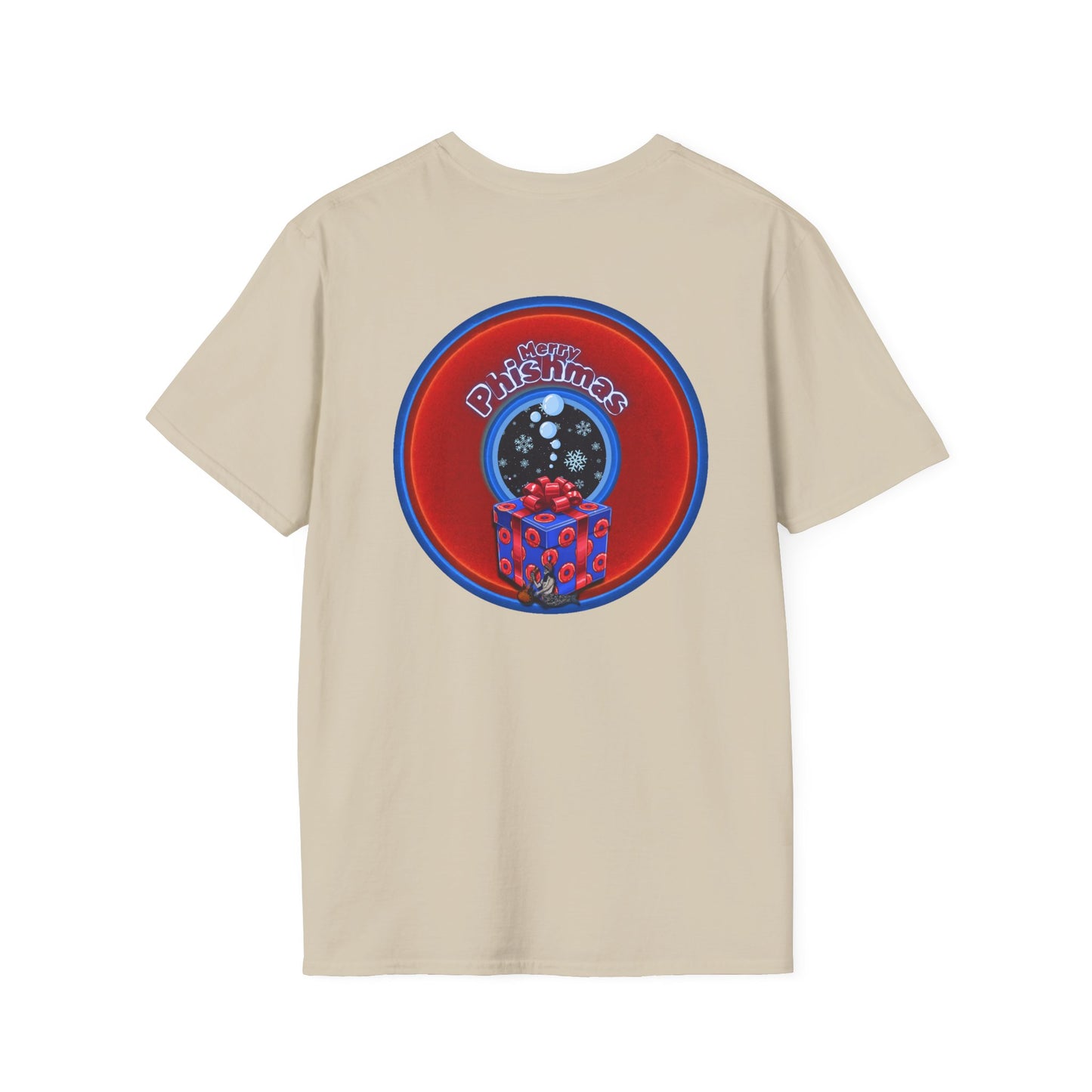 Classic Donut Tee - Unisex Soft-Style - "Phishmas Caroler's Tee " - vivid red/blue donut - variant 4