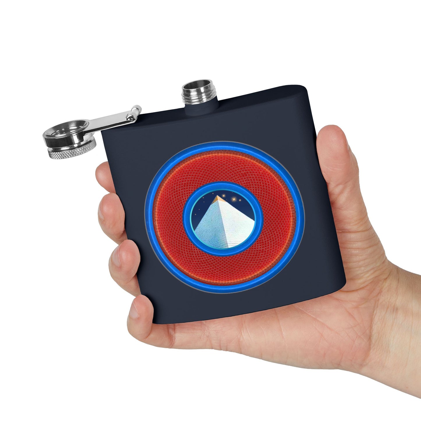 Lump's Donut Flask 6 oz -  "Limestone Flask" - red/light blue rustic donut - [*w/your choice of 6 backgrounds]