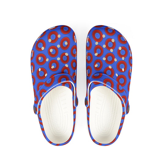 Spatchcocks - donut slip-on shoes - vivid red donuts w/royal blue background [unisex]