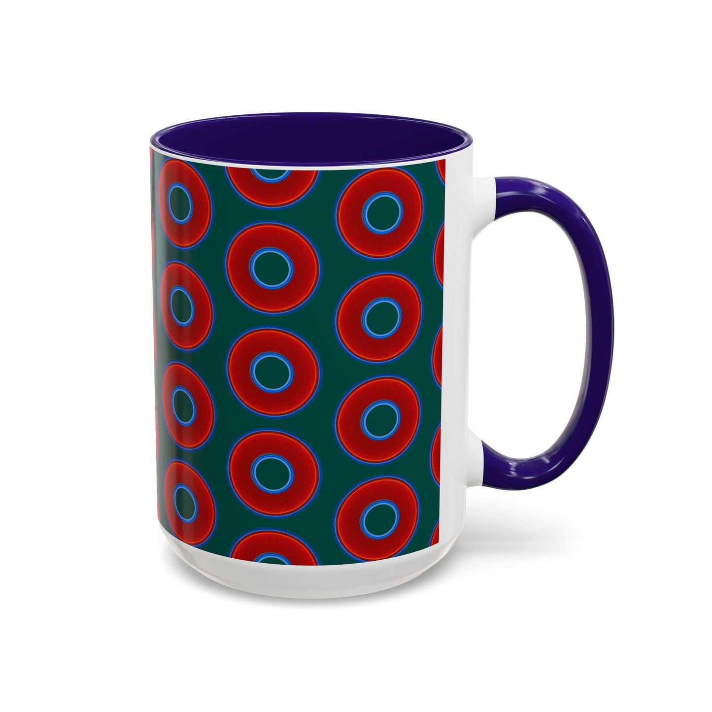 Lump's Grumpy Coffee Mug - vivid red donuts w/dark Fenway green background