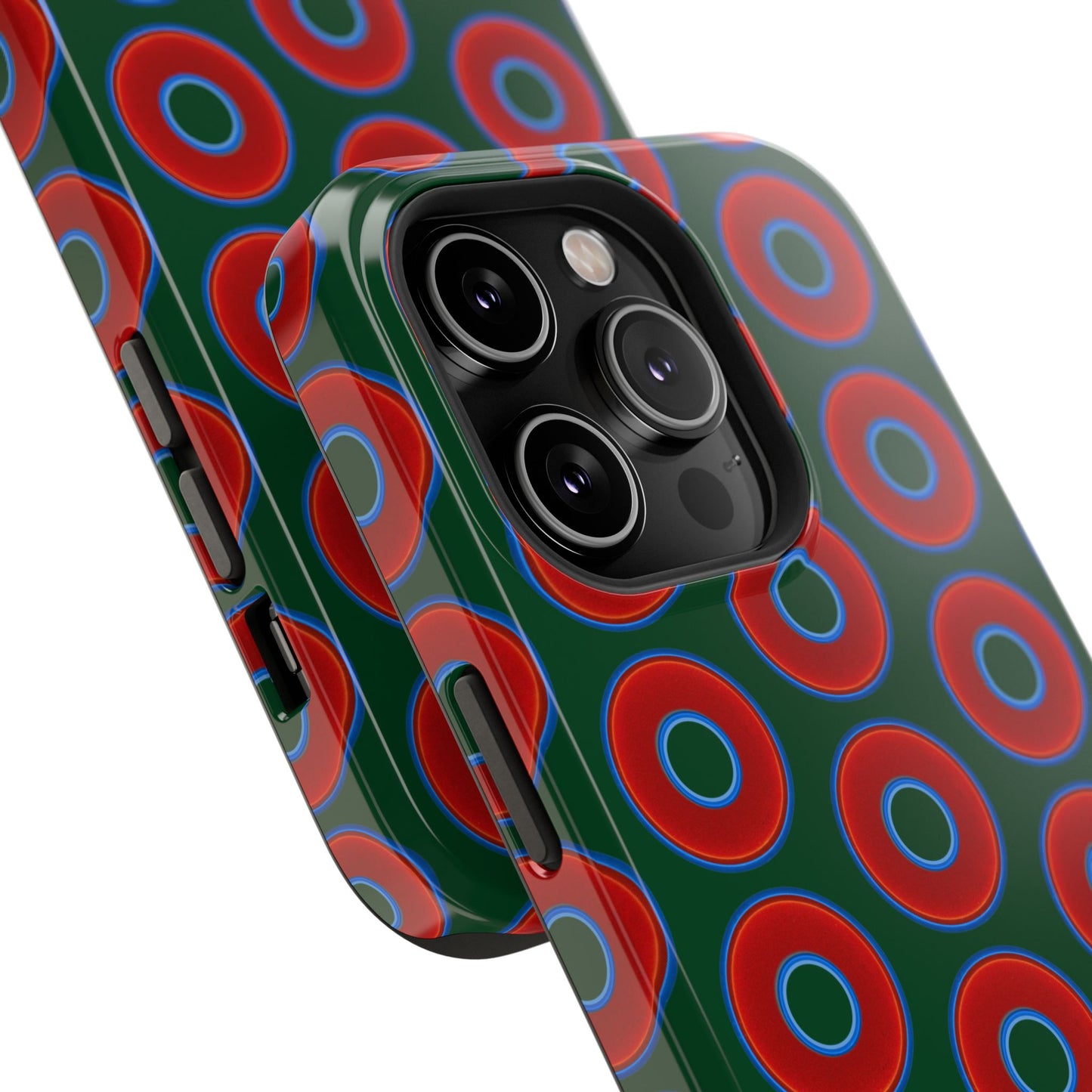 Impact-Resistant Lumpy Donut Case - red vivid donut print w/dark pond green background