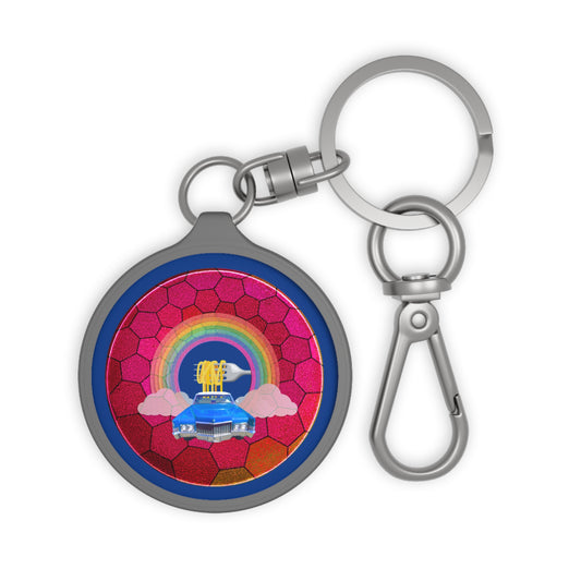 Lumpy Donut Keychain - "Spaghetti Incident in my Caddy" - series 1.0 - variant 2 - magenta hexadonut - w/blue Caddy