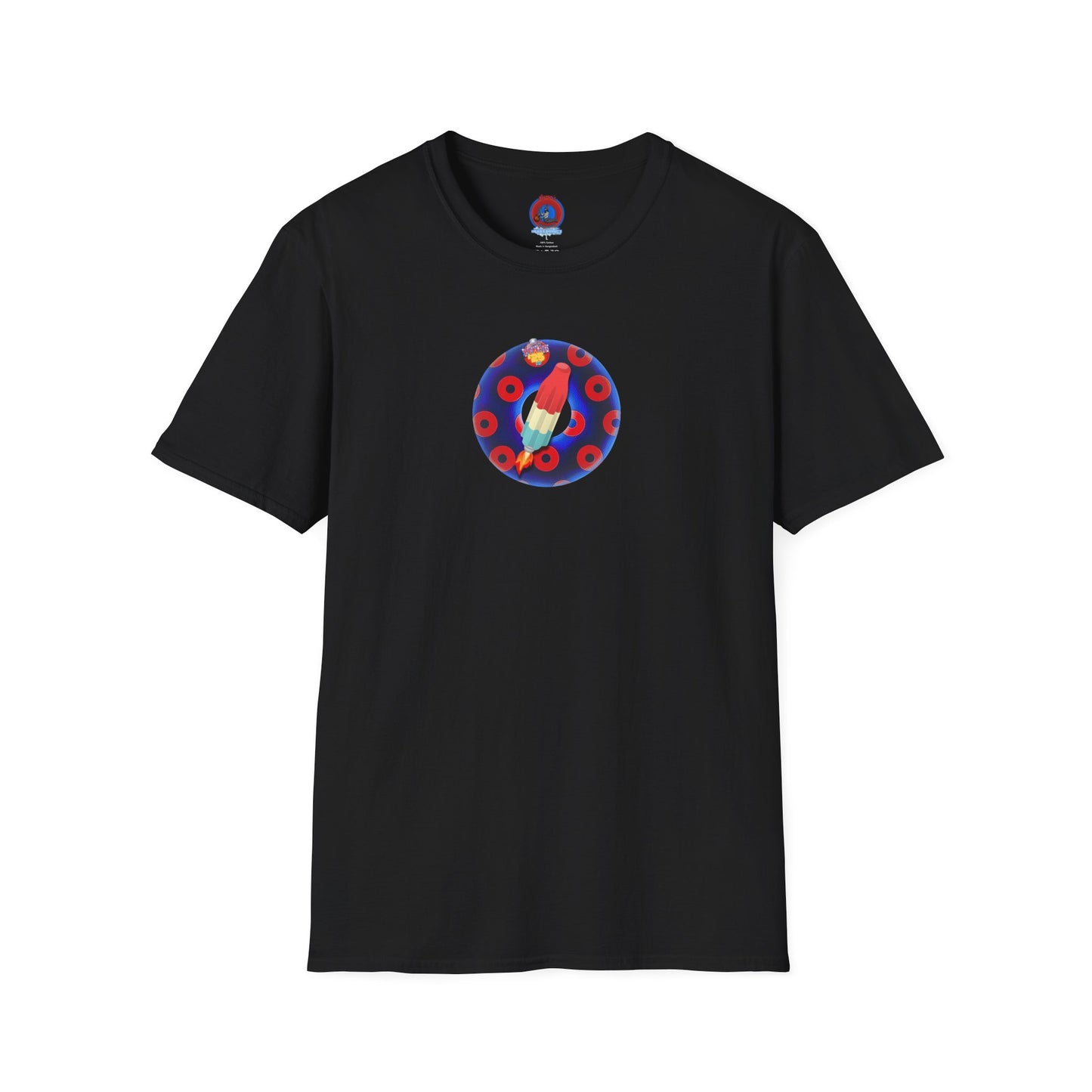 Classic Donut Tee - Unisex Soft-Style - "Blow this Popsicle Stand" - blue/red paradox bomb pop donut - variant 3