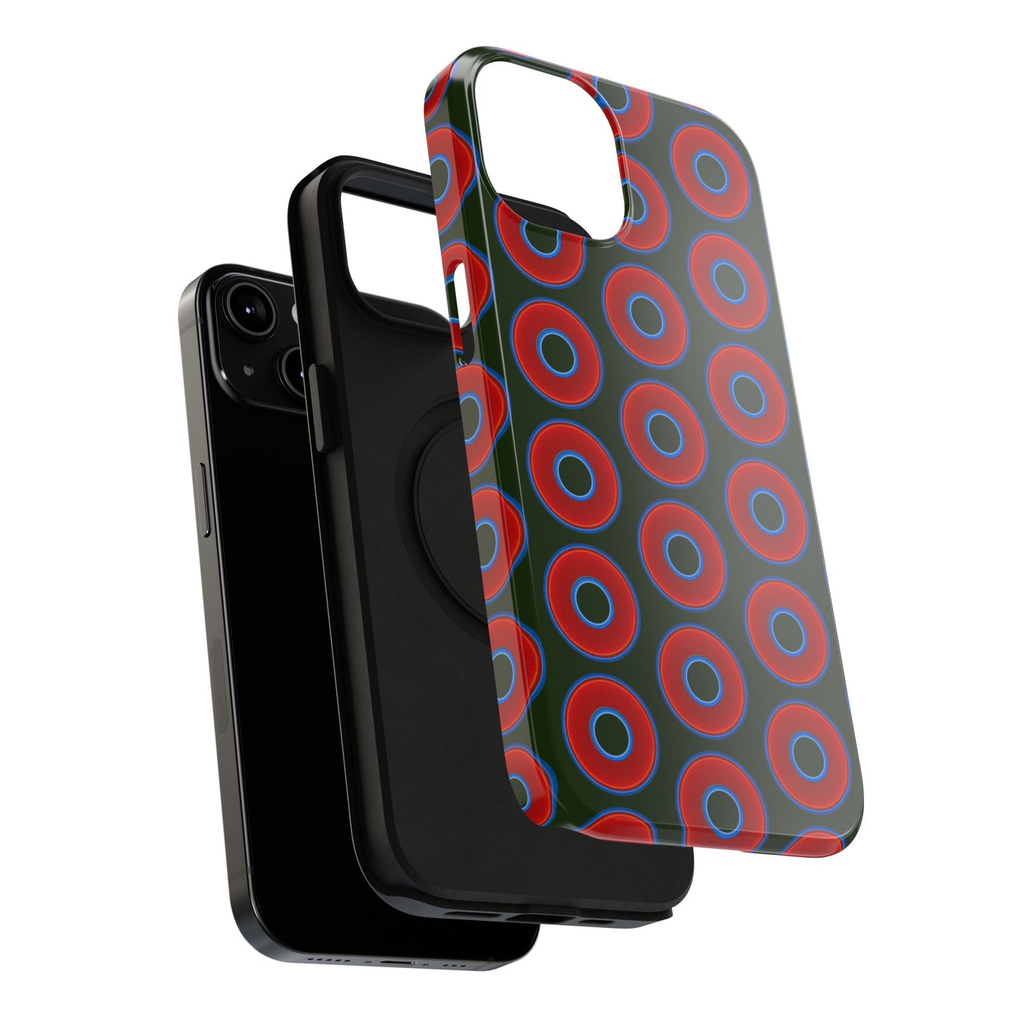 Impact-Resistant Lumpy Donut Case - red vivid donut print w/deep forest green background