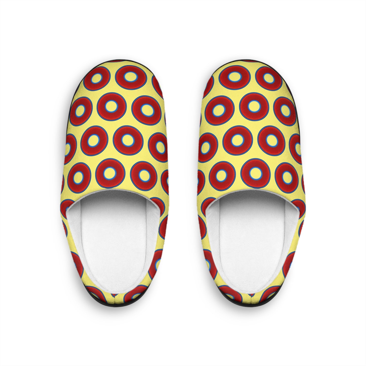 Women's Lumpy Slippers - red vivid donut print w/yellow background