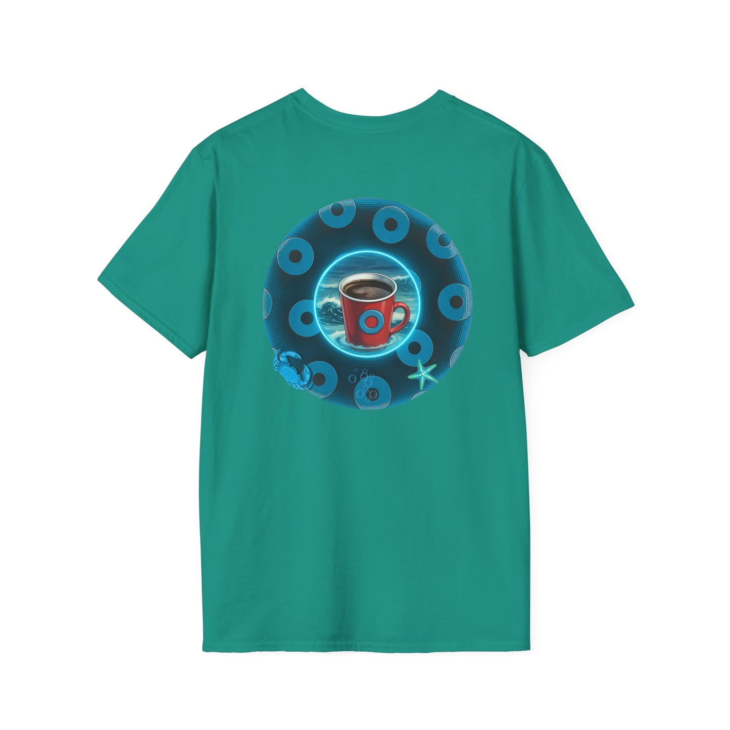 Classic Donut Tee - Unisex Soft-Style - "The Leaky Cup" - paradoxical blue/teal ocean donut -