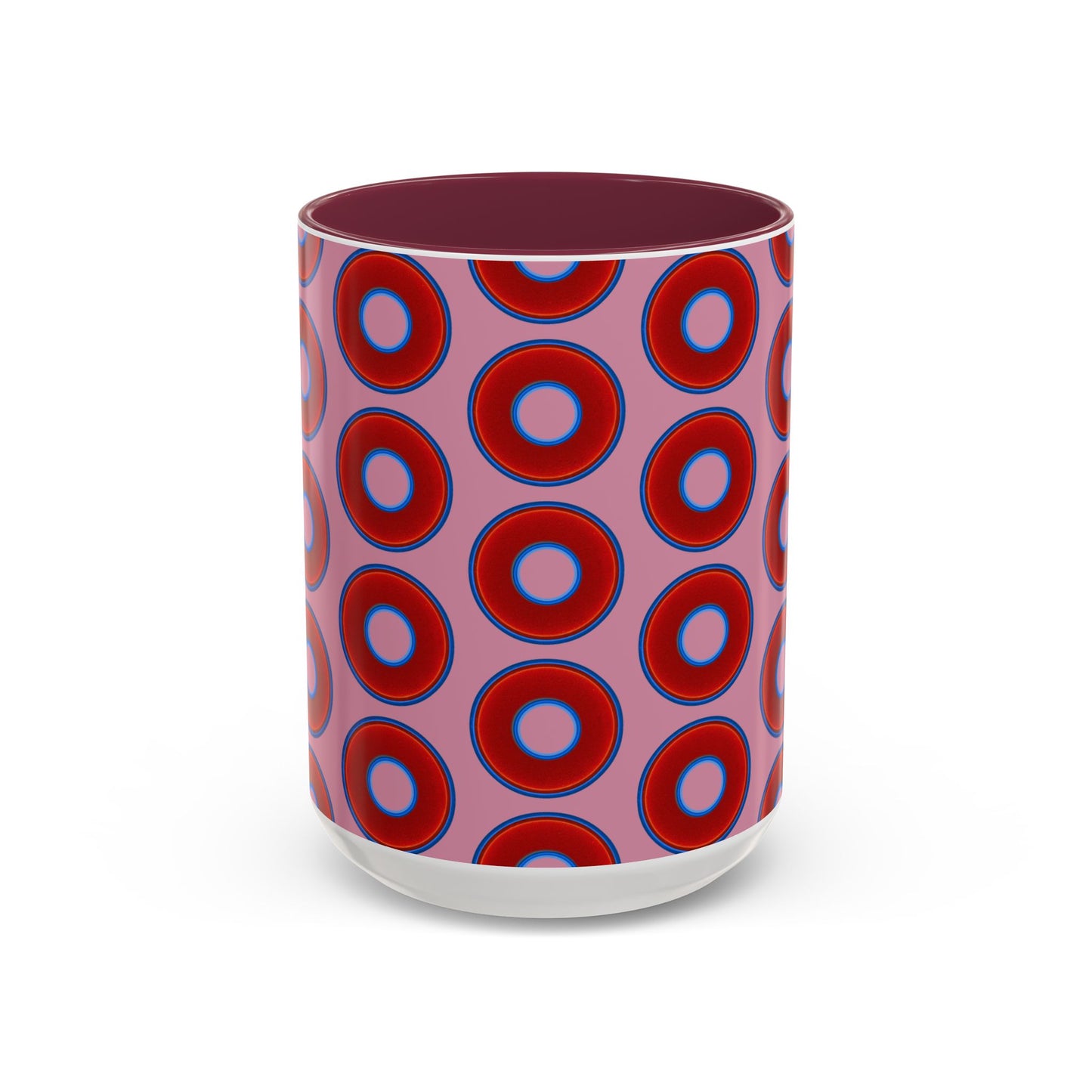 Lump's Grumpy Coffee Mug - vivid red donuts w/pink background
