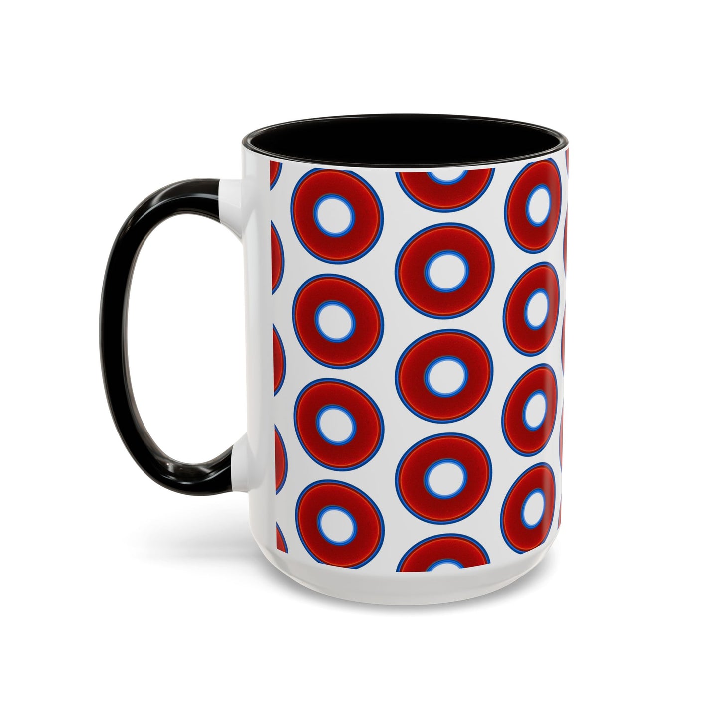 Lump's Grumpy Coffee Mug - vivid red donuts w/white background