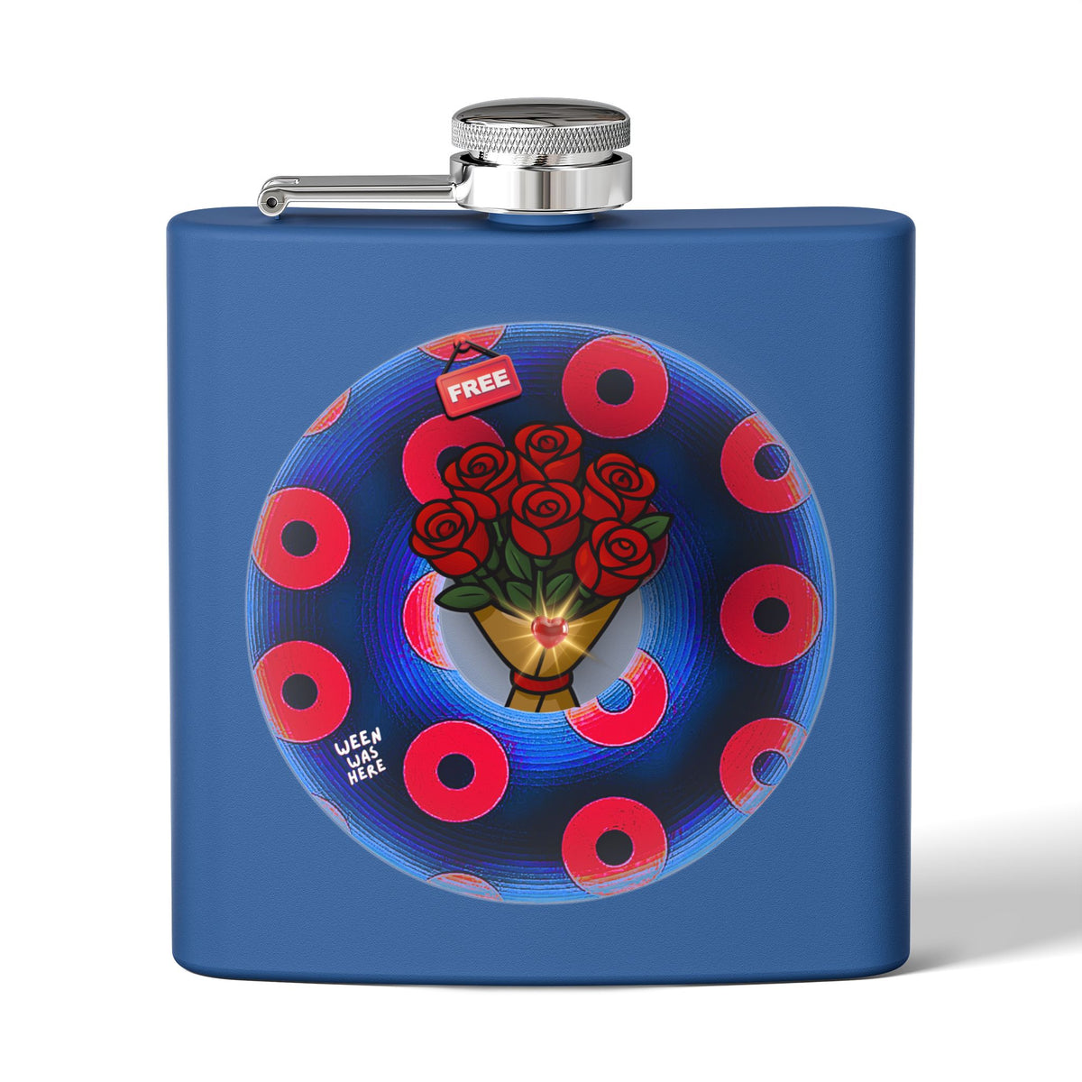 Lump's Donut Flask 6 oz -  "Donuts R Phree" - red/blue rustic donut - [*w/your choice of 6 backgrounds]