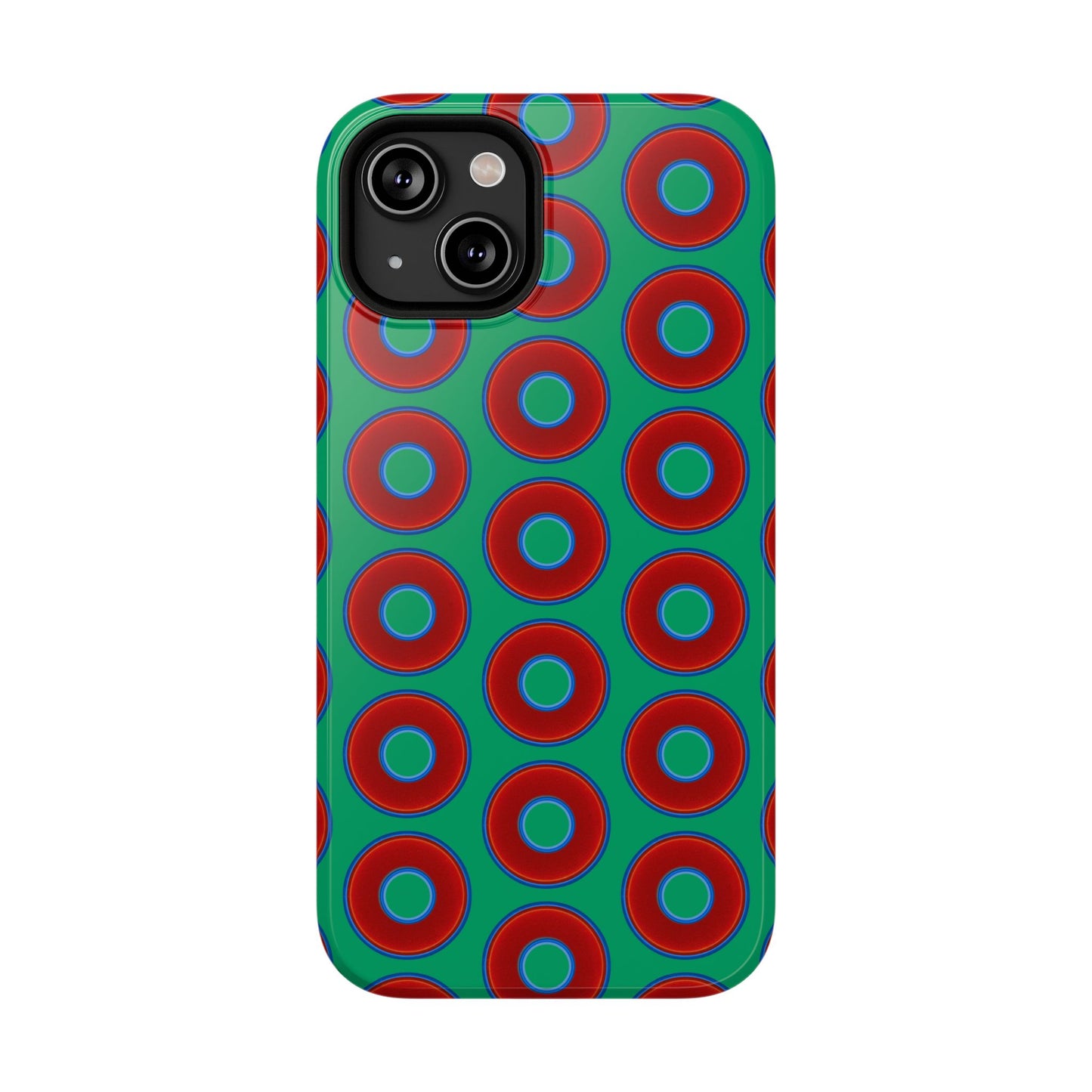 Impact-Resistant Lumpy Donut Case - red vivid donut print w/jade green background