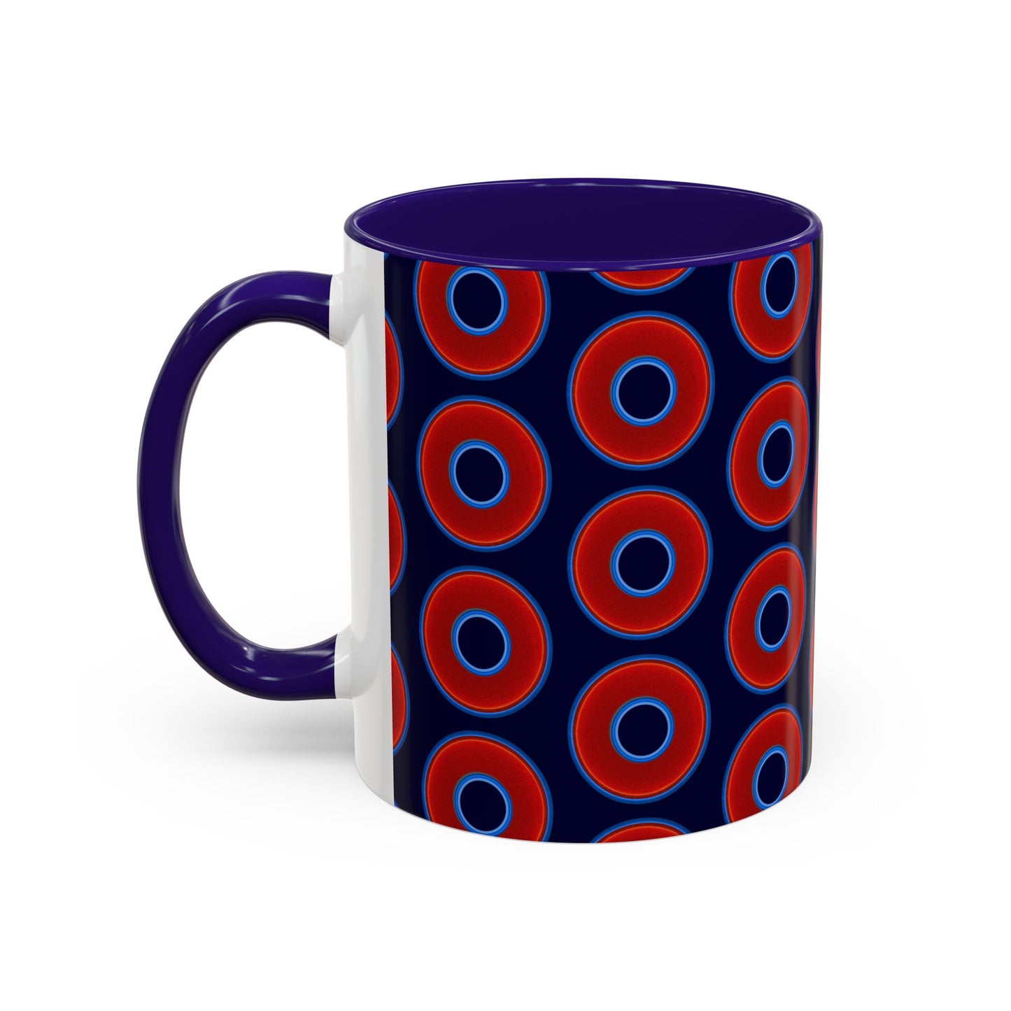 Lump's Grumpy Coffee Mug - vivid red donuts w/midnight blue background