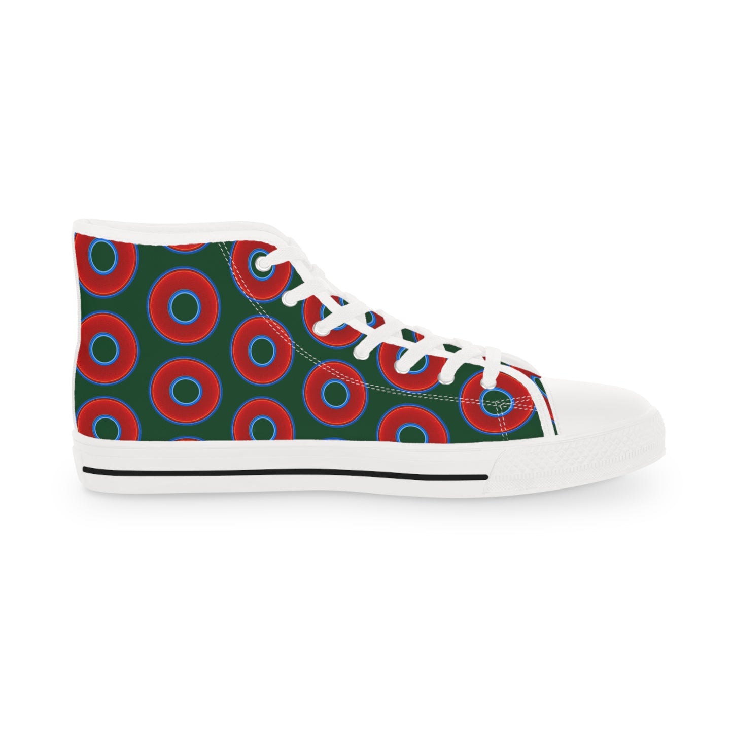 Men's High Top Chucks - large vivid red donut print w/deep pond green background