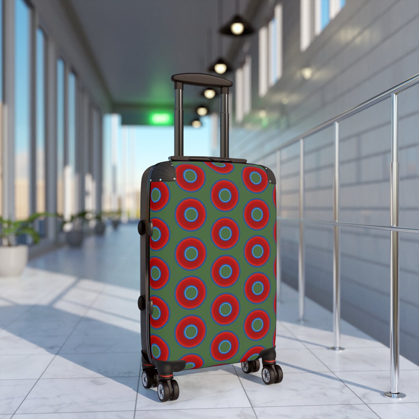 The Very Lumpy Donut Suitcase series - your choice of S, M or L - vivid red donut print w/dark Fenway green background