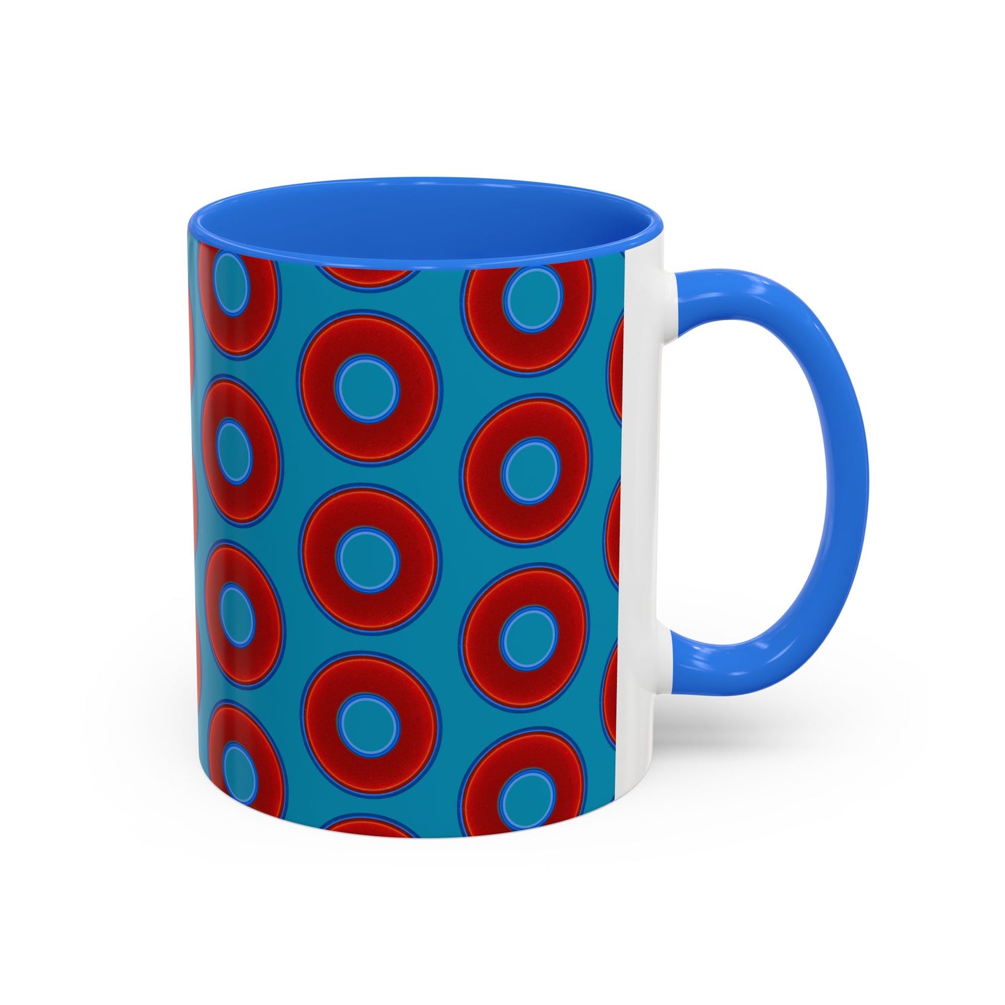 Lump's Grumpy Coffee Mug - vivid red donuts w/aquamarine blue background