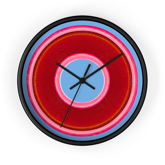 Lumpy Wall Clock - red rustic donut w/pink edging - variant 5 w/light blue background
