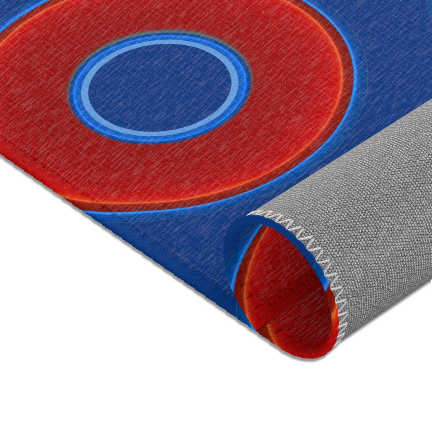 Lumpy Donut Print Rug - choice of 3 sizes - vivid red donut print w/dark blue background