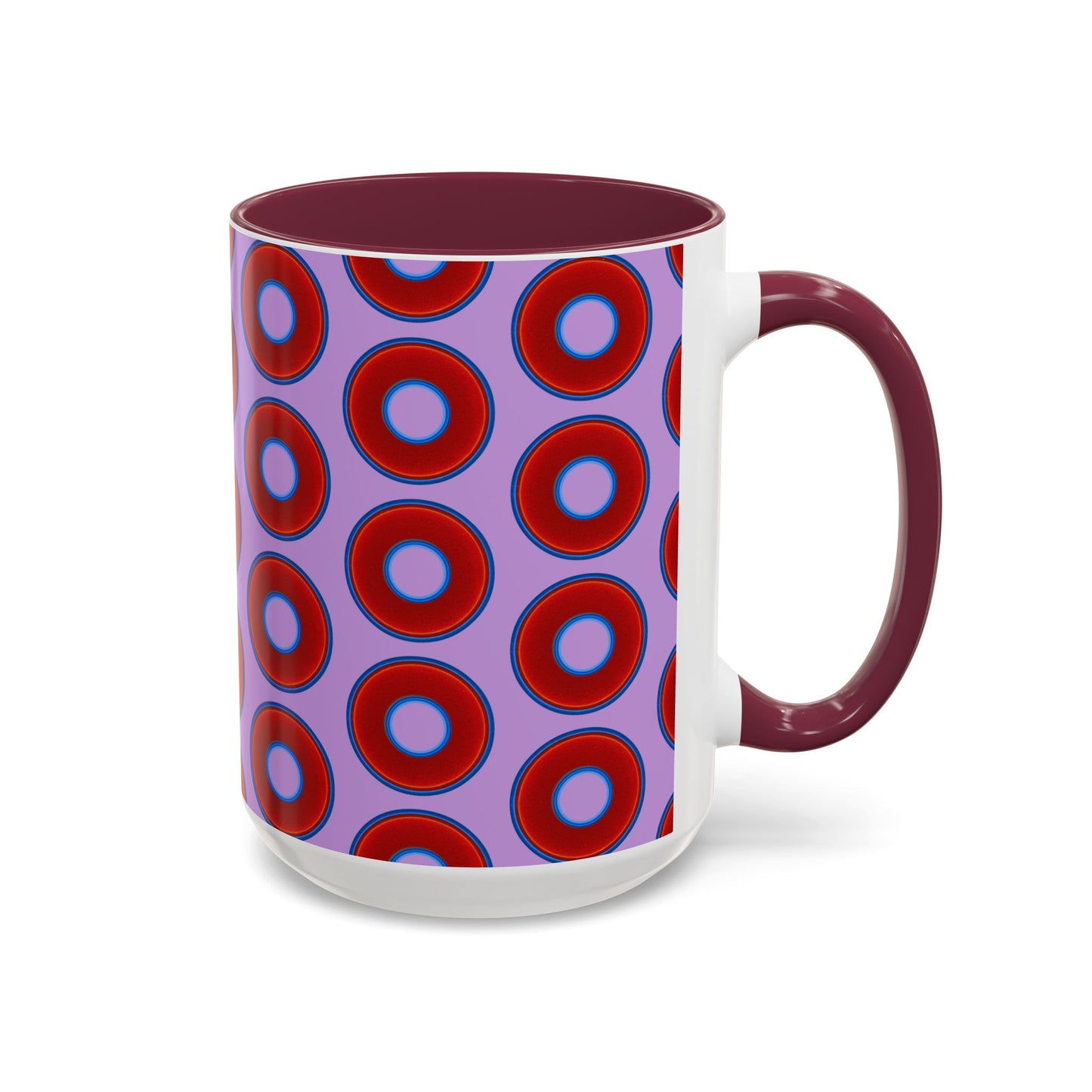 Lump's Grumpy Coffee Mug - vivid red donuts w/wisteria purple background