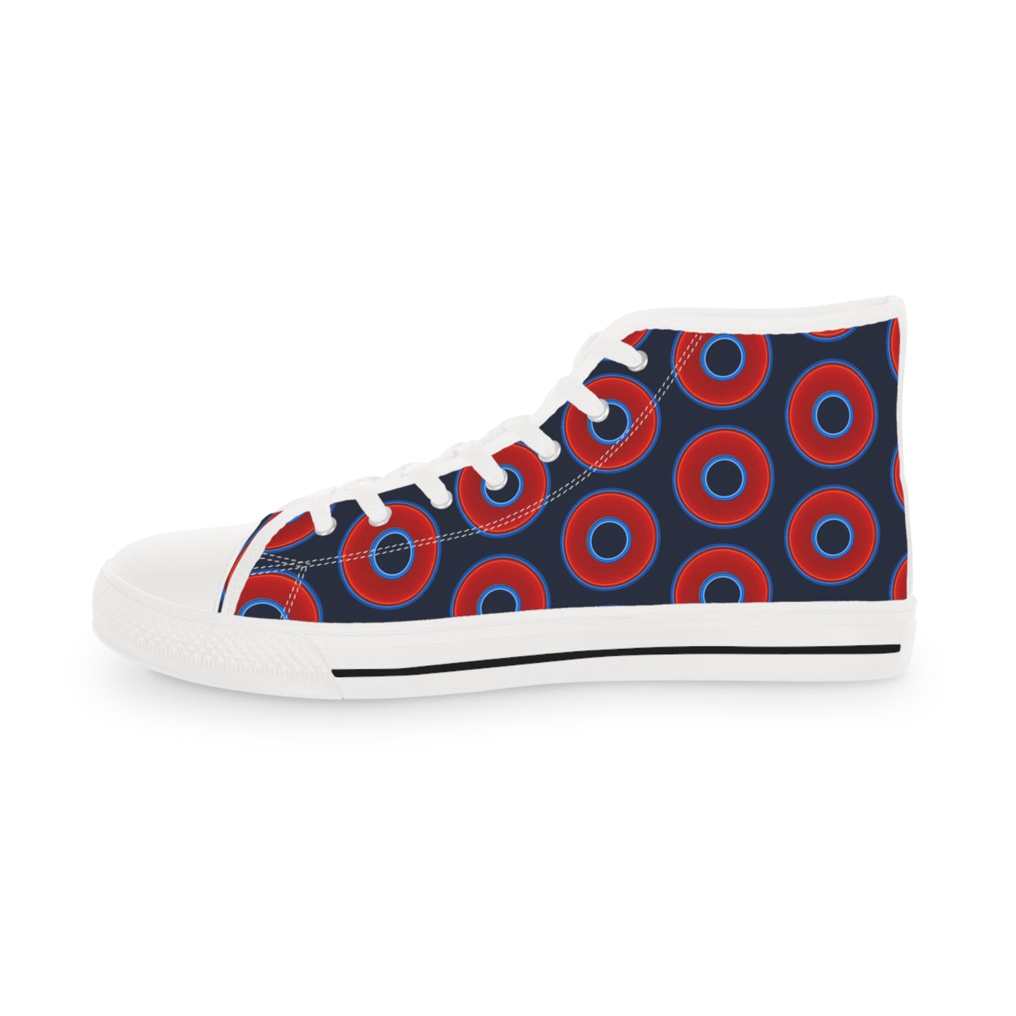 Men's High Top Chucks - large vivid red donut print w/midnight teal blue background
