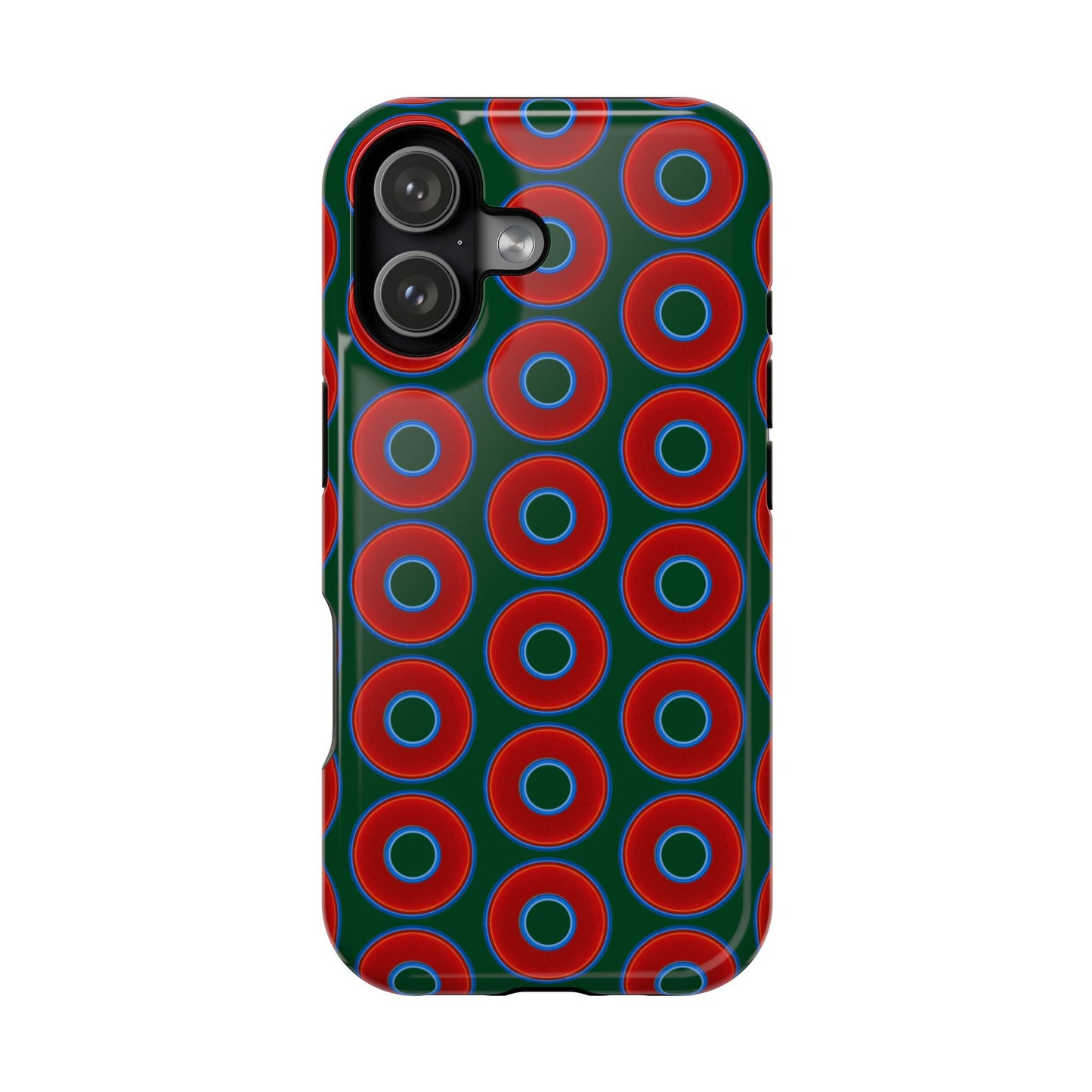 Magnetic Tough Donut Case - red vivid donut print w/deep pond green background