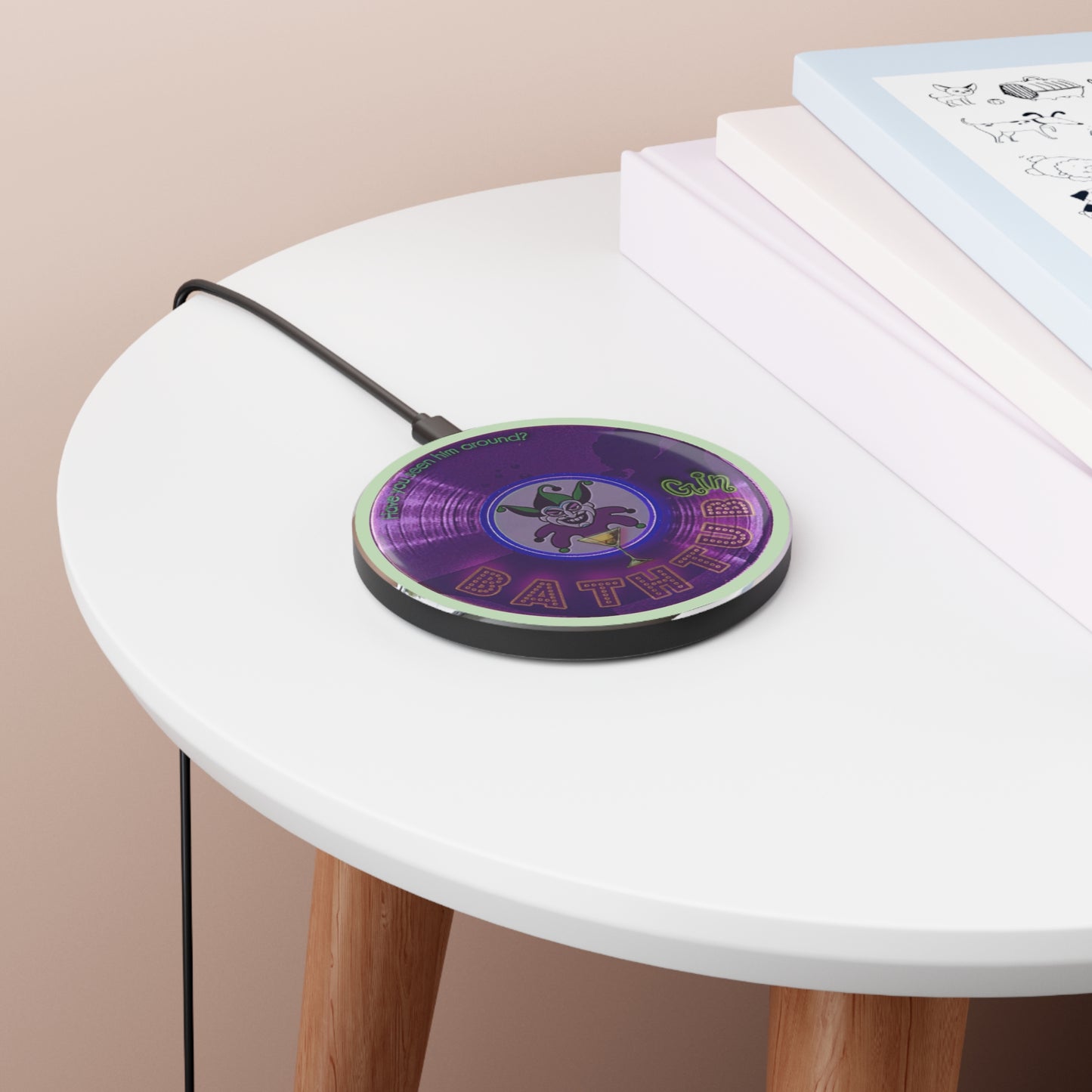 The Flow - Wireless Lumpy Donut Chargers - "The Joker's Personal Wireless Charger" - vivid purple donut w/seafoam background - variant 2