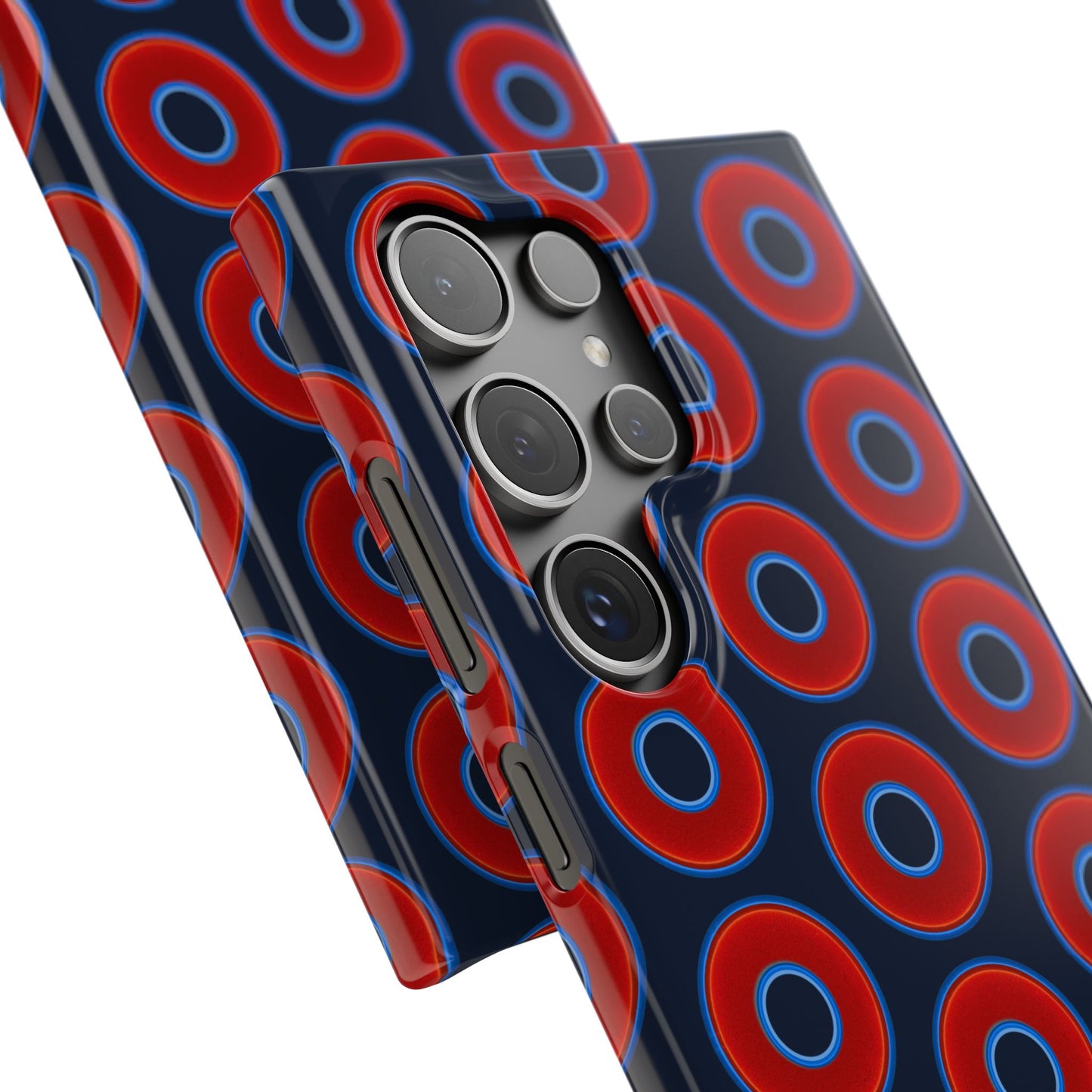 Lumpy Donut Snap Case - red vivid donut print w/midnight teal blue background