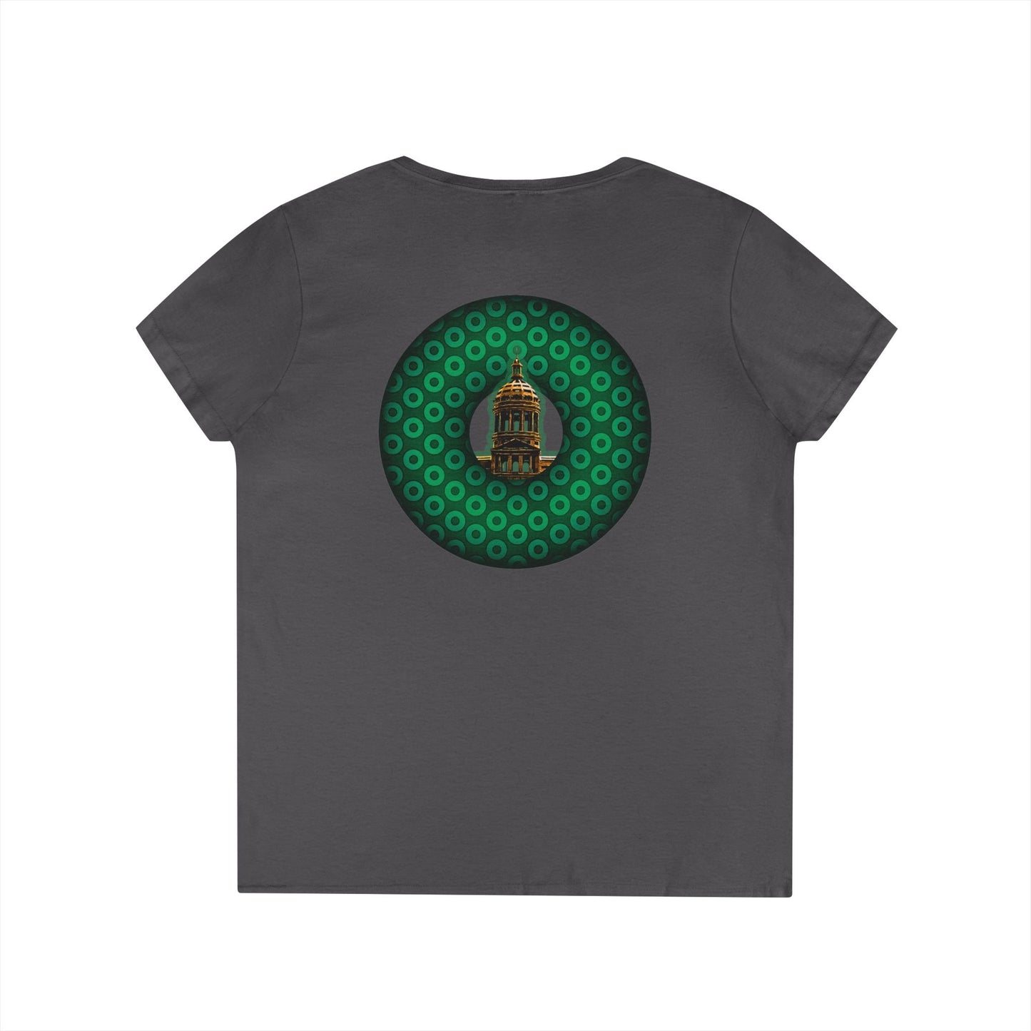 Women's Donut V-Neck Tee - "Save the Mondegreen City Hall Clock Tower" - variant 2 - green/green paradox donut w/