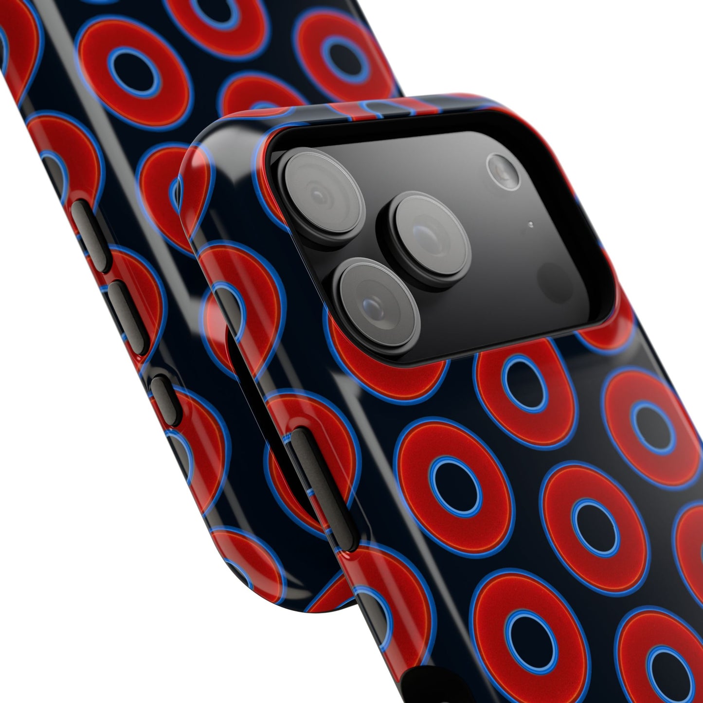 Impact-Resistant Lumpy Donut Case - red vivid donut print w/blue charcoal background