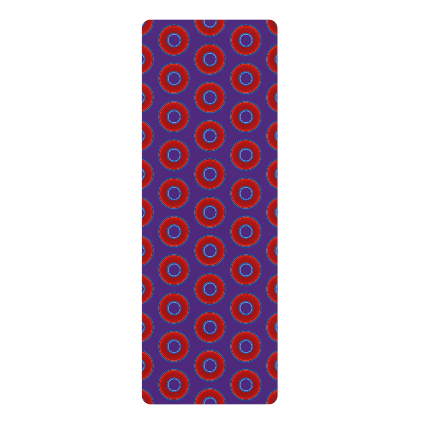 Lumpy Donut Yoga Mat :) - 24″ x 70" - vivid red donut print w/purple background