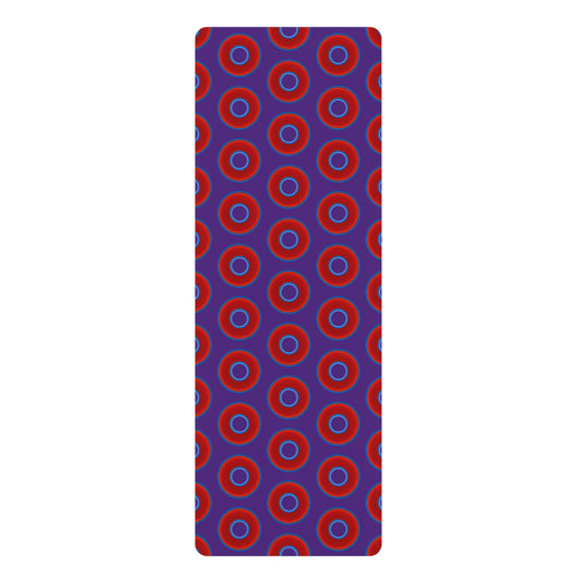 Lumpy Donut Yoga Mat :) - 24″ x 70" - vivid red donut print w/purple background