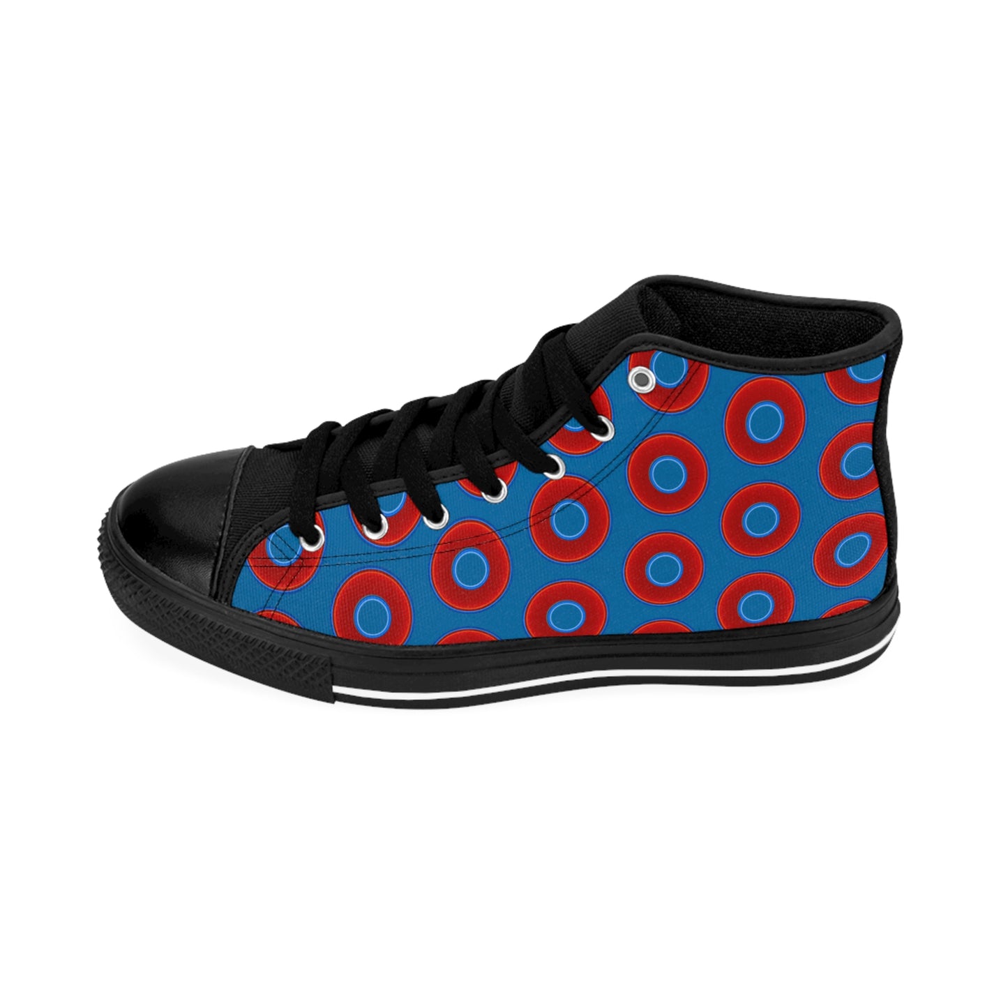 Cushiony Convectors - High Tops - red vivid donuts w/wavy navy background