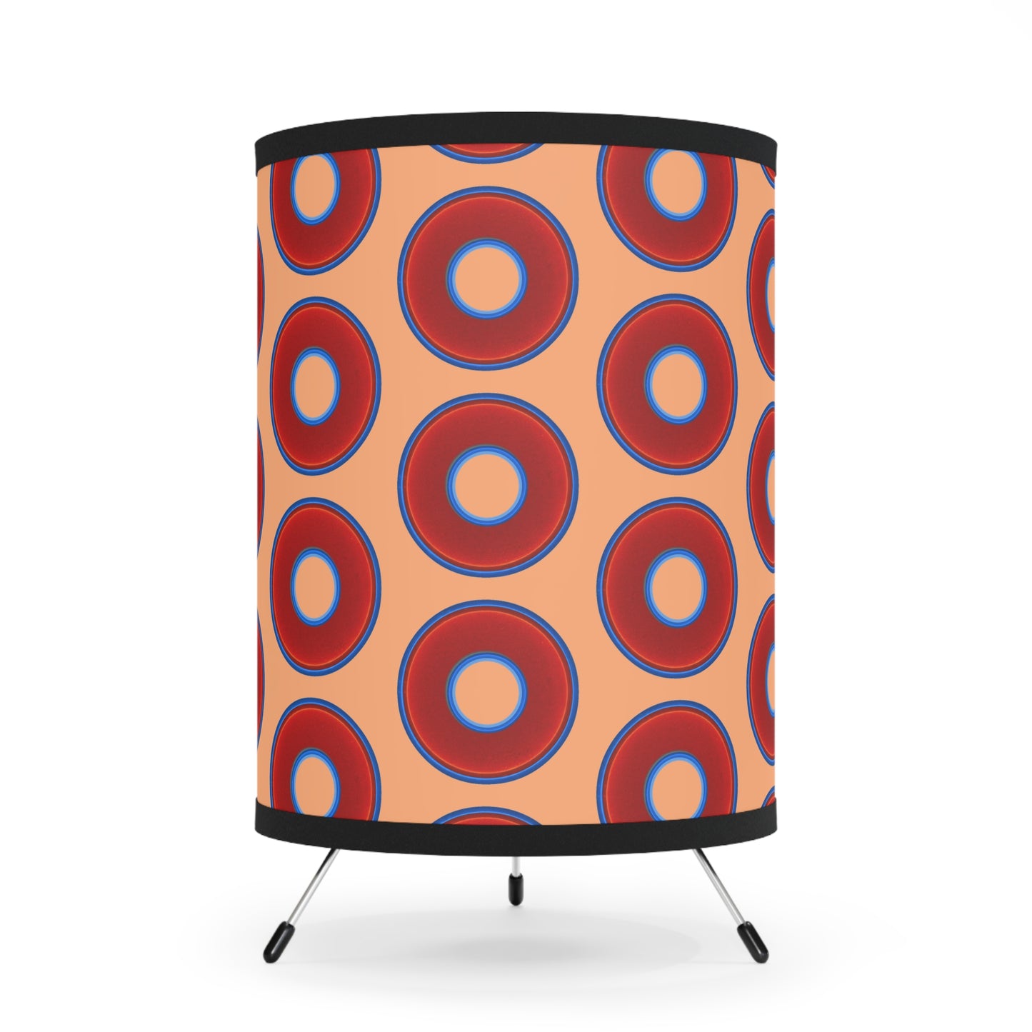 Lumpy Tripod Donut Lamp - vivid red donuts w/peach background