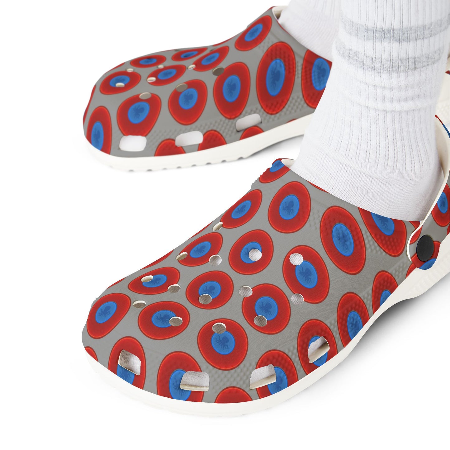 Spatchcocks - donut slip-on shoes - "Roger Moore's Octopussy Donut" - red vivid donuts w/gray background [unisex]
