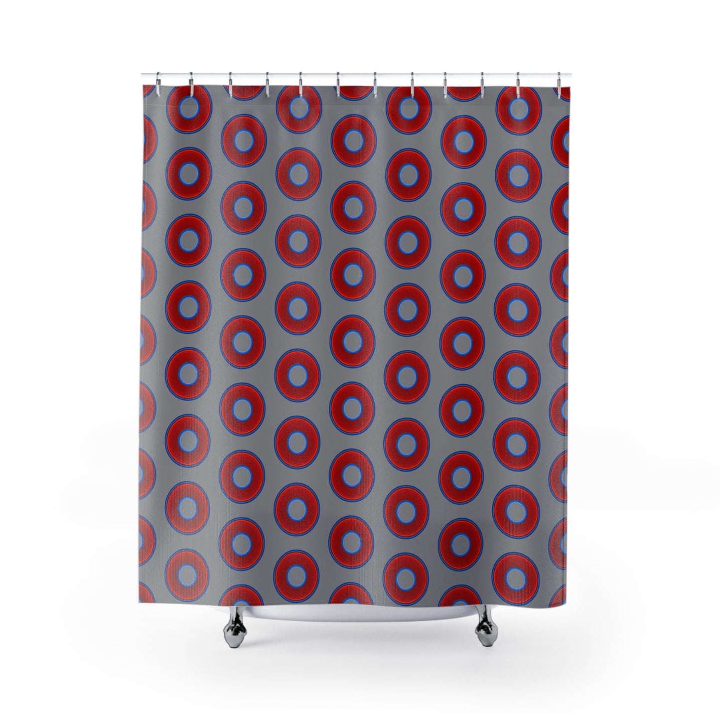 The Curtain With "Donuts" - Lumpy Bath Time Fun - vivid red donuts w/gray background