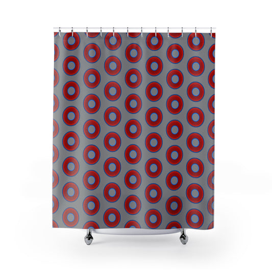 The Curtain With "Donuts" - Lumpy Bath Time Fun - vivid red donuts w/gray background