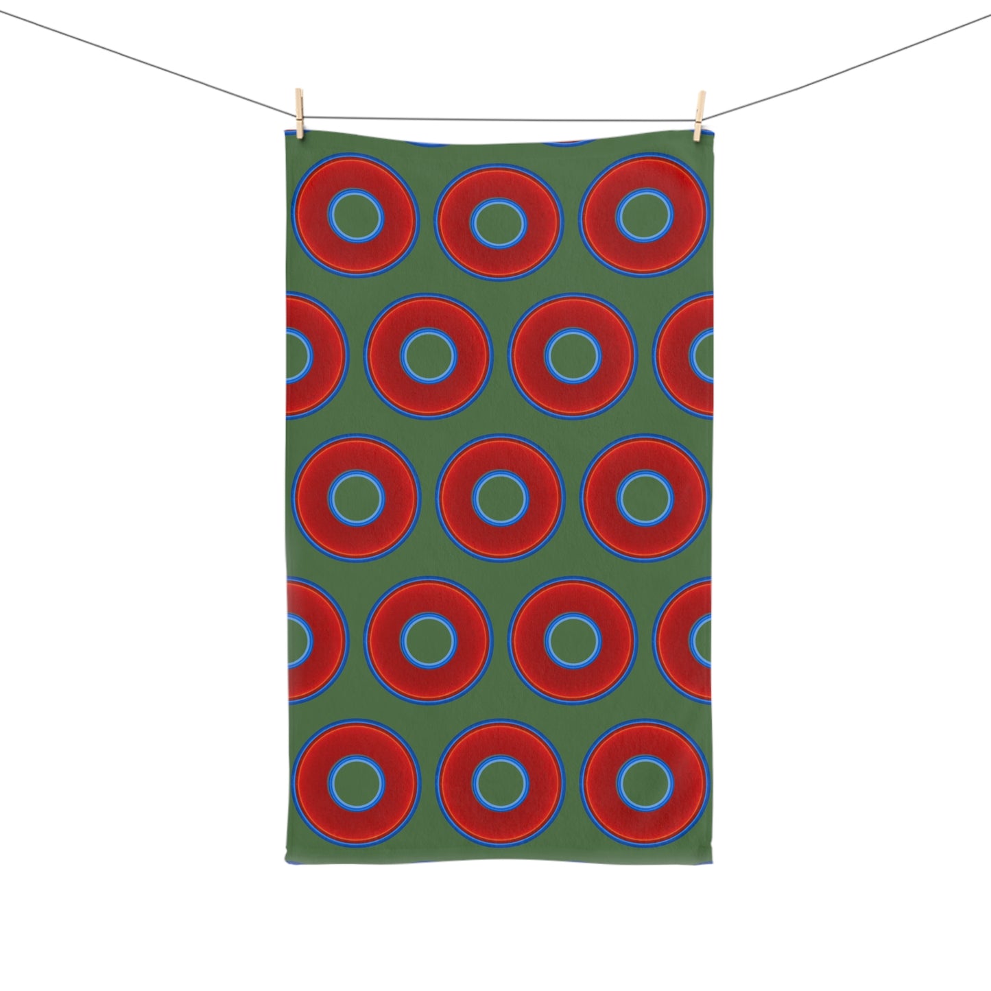 Lumpy Kitchen/Hand Towels - vivid red donuts w/dark green background