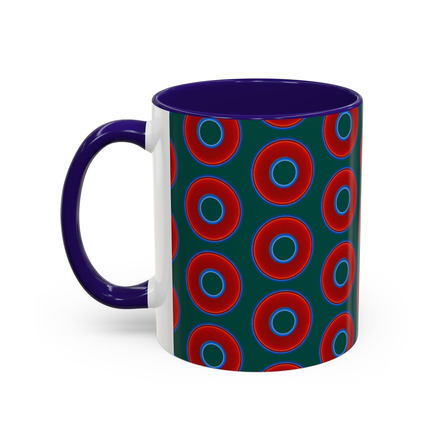 Lump's Grumpy Coffee Mug - vivid red donuts w/dark Fenway green background