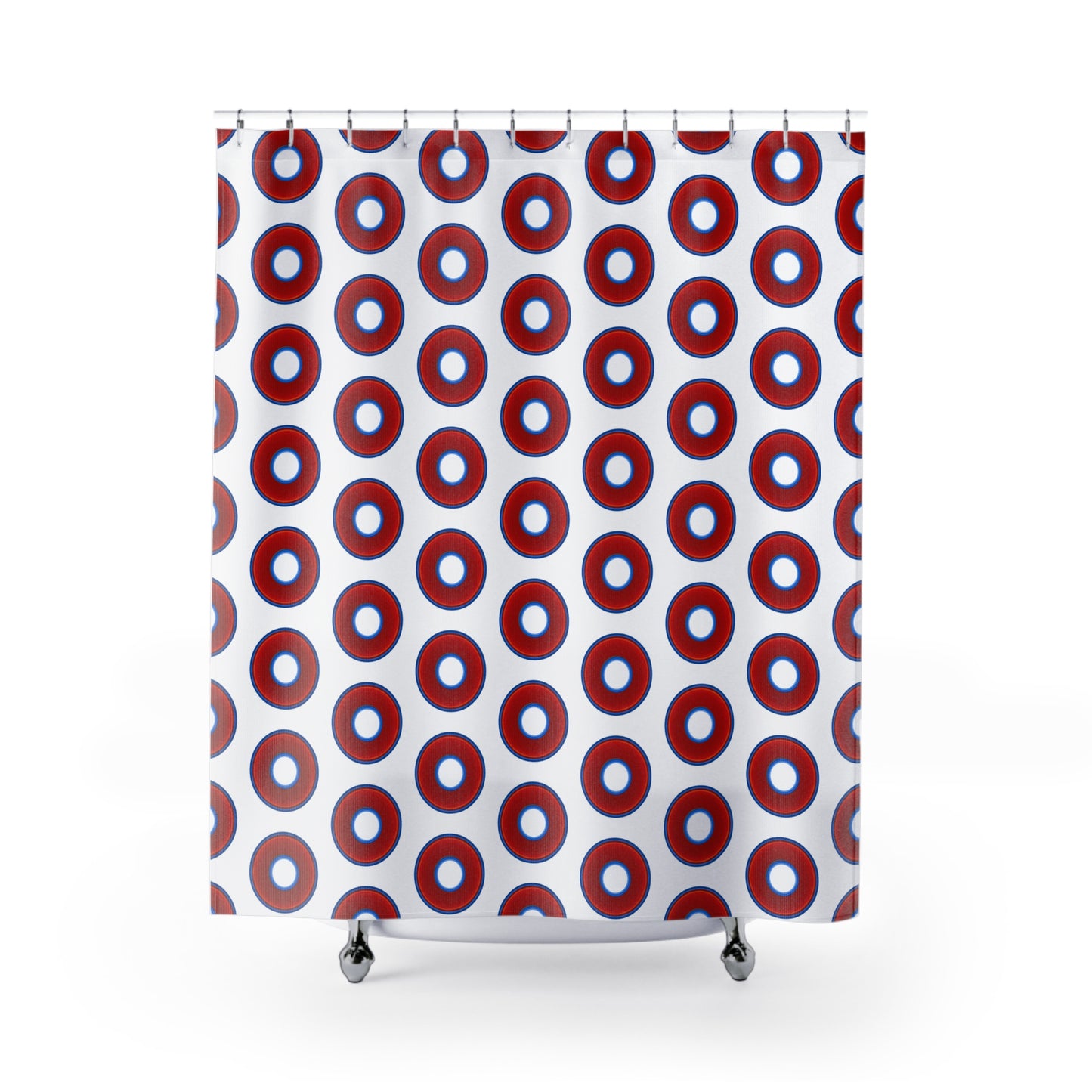 The Curtain With "Donuts" - Lumpy Bath Time Fun - vivid red donuts w/white background