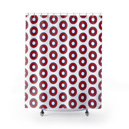 The Curtain With "Donuts" - Lumpy Bath Time Fun - vivid red donuts w/white background