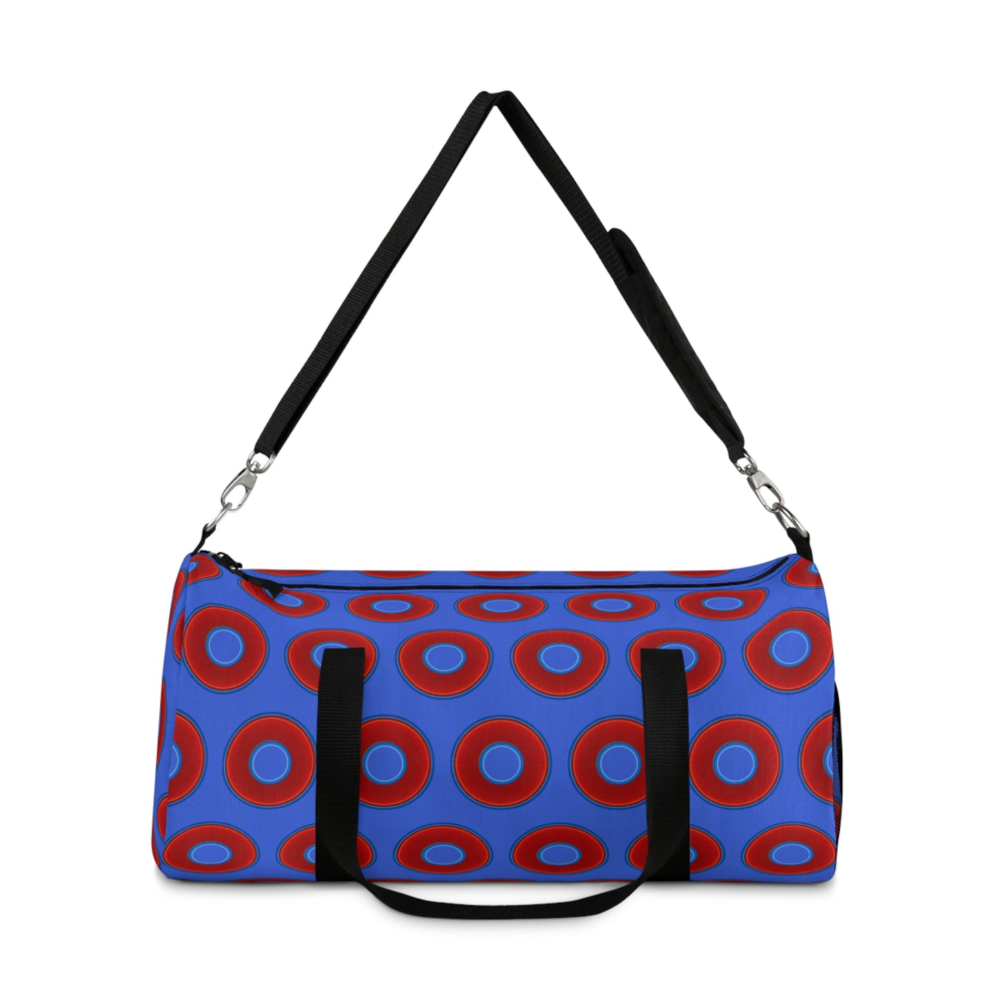 Lumpy Duffel - vivid red donuts w/royal blue background