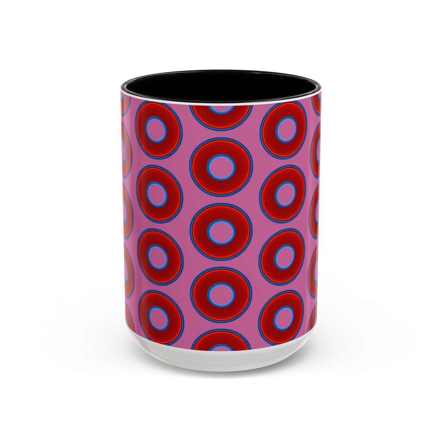 Lump's Grumpy Coffee Mug - vivid red donuts w/pink background