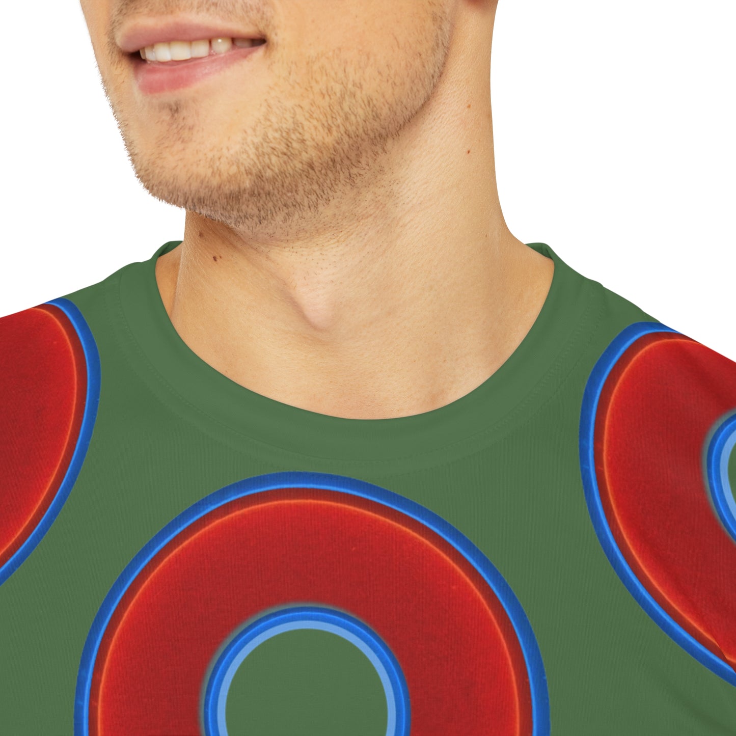 Multi-Beastie Giant Donut AOP Polyester Tee - red vivid donut print w/dark green background
