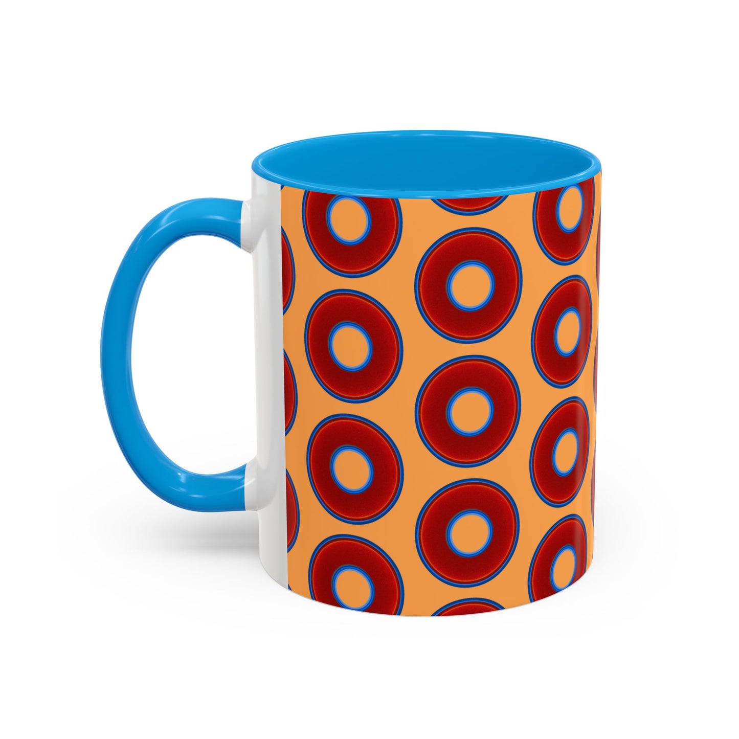 Lump's Grumpy Coffee Mug - vivid red donuts w/creamsicle orange background