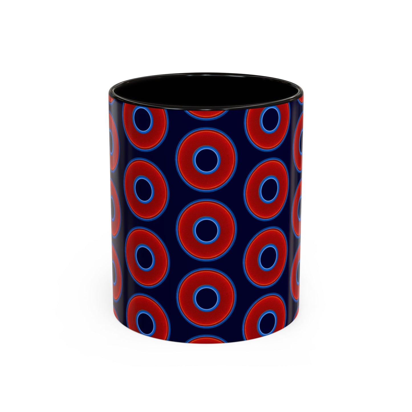 Lump's Grumpy Coffee Mug - vivid red donuts w/midnight blue background