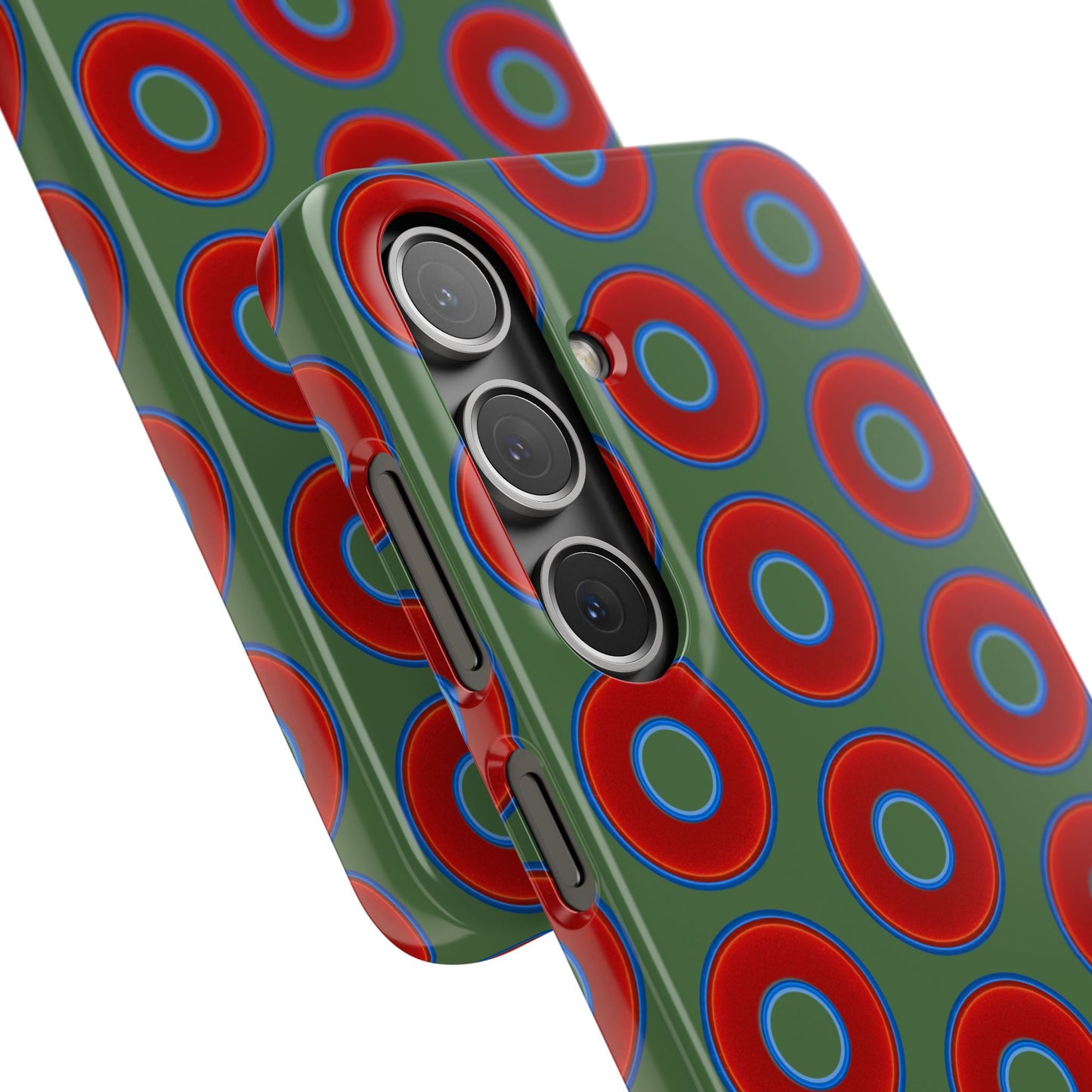 Lumpy Donut Snap Case - red vivid donut print w/dark green background