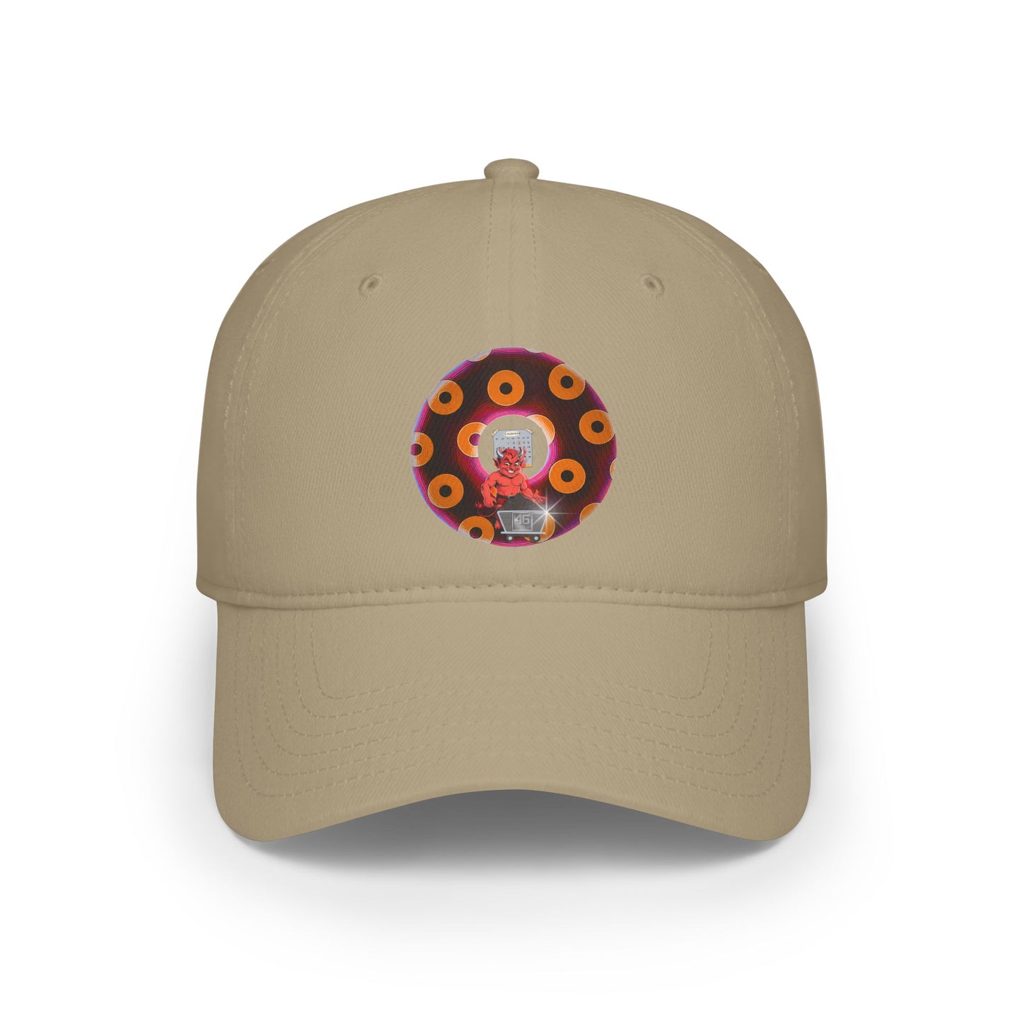 Lumpy Donut Baseball Cap - "46 Donuts Taste The Fear" - paradoxical dark magenta/orange blimpy donut w/