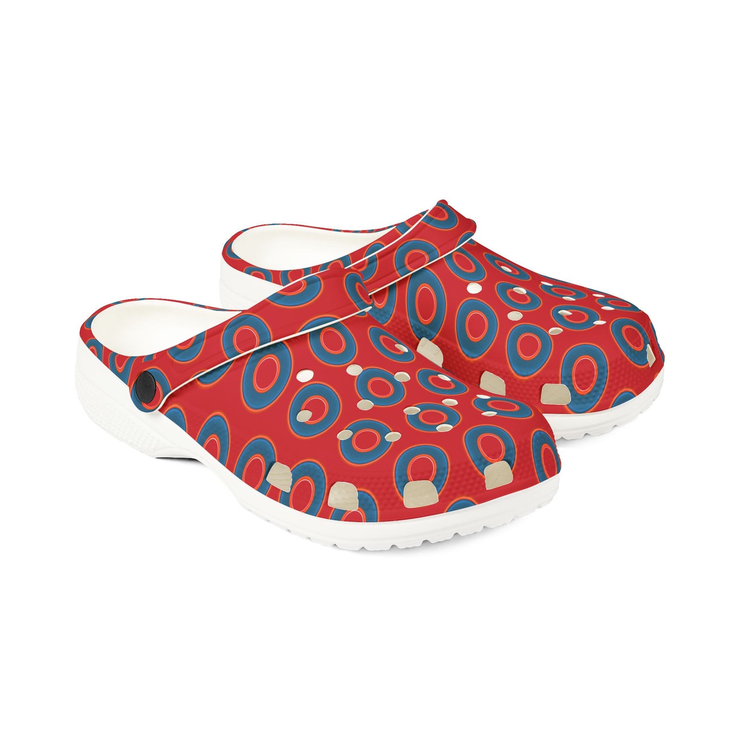 Spatchcocks - donut slip-on shoes - blue rustic donuts w/red background [unisex]